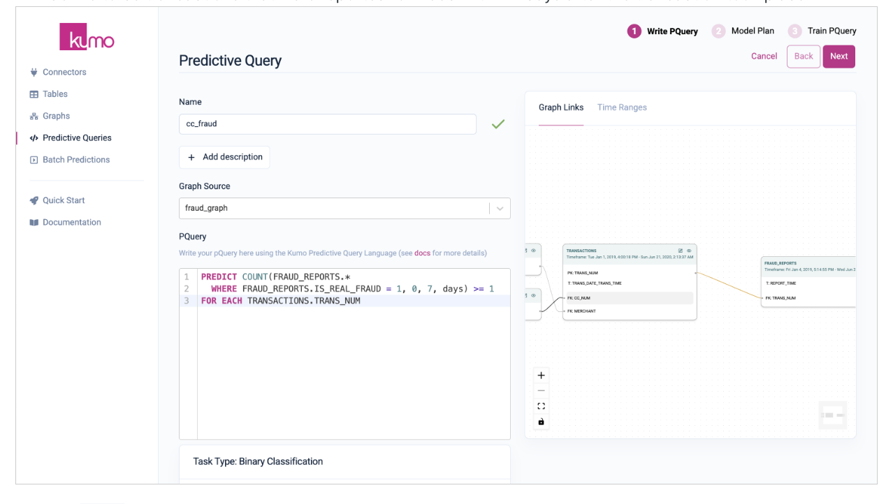 PQL editor showing the fraud detection predictive query for credit card transactions