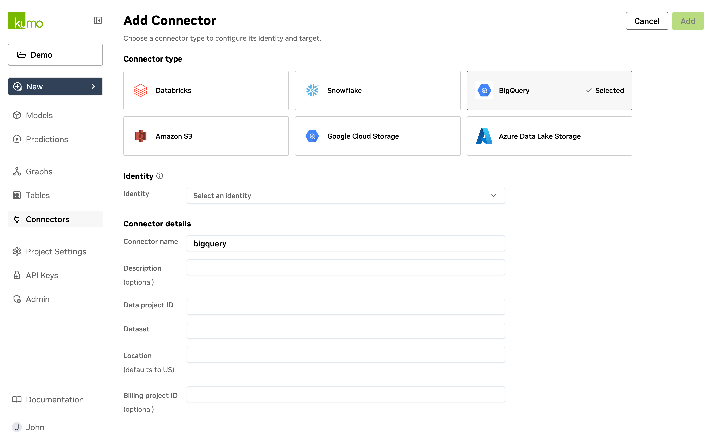 Add Connector page with BigQuery selected as the connector type
