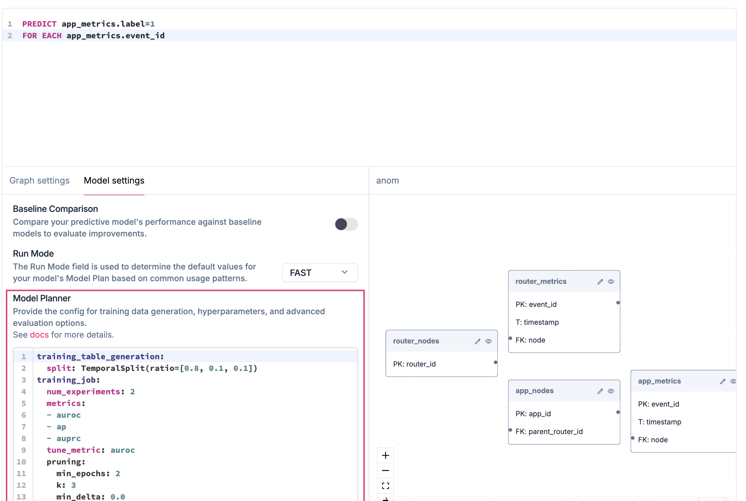 Model Planner configuration panel