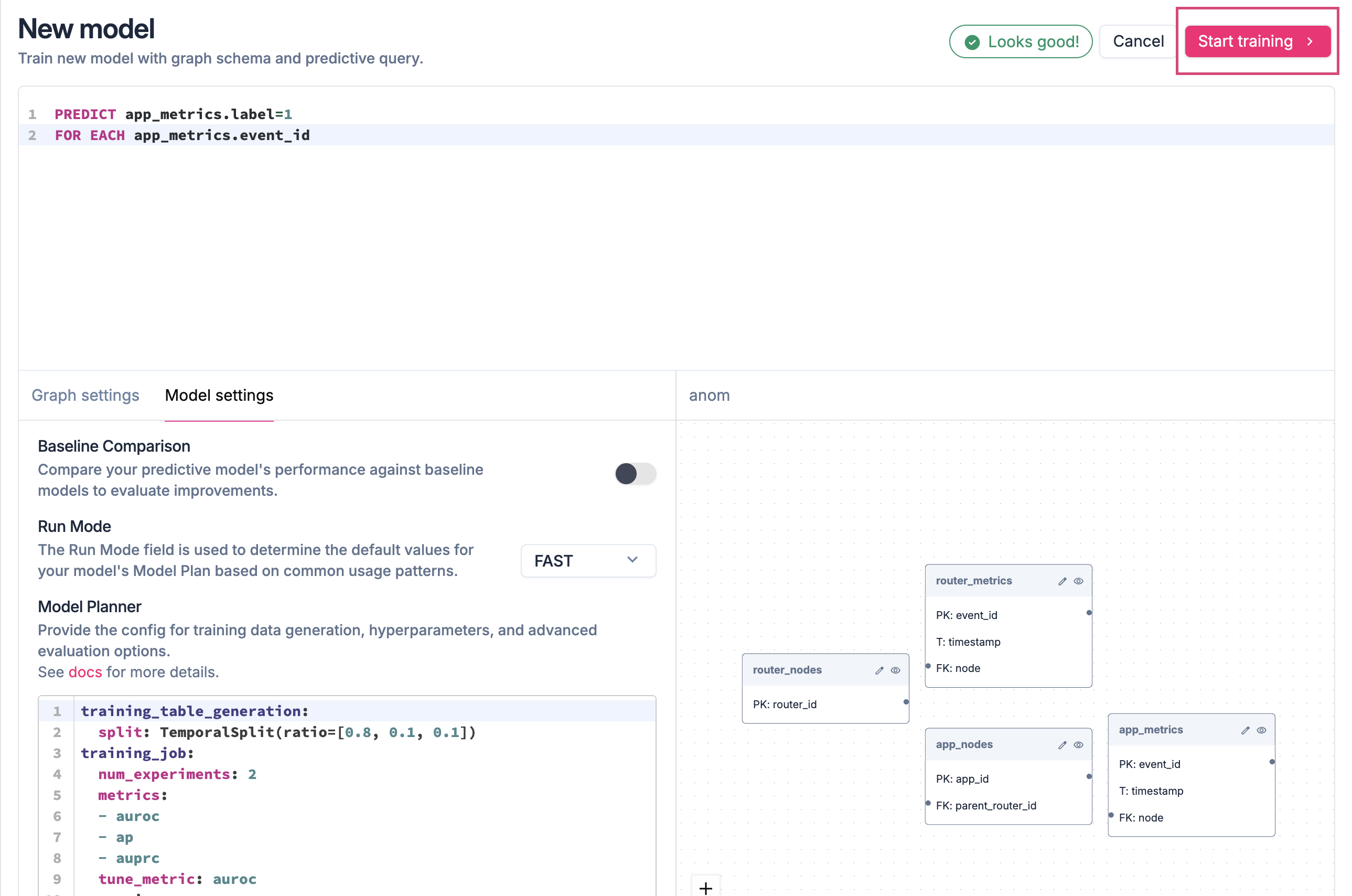 Start Training button on the model configuration page