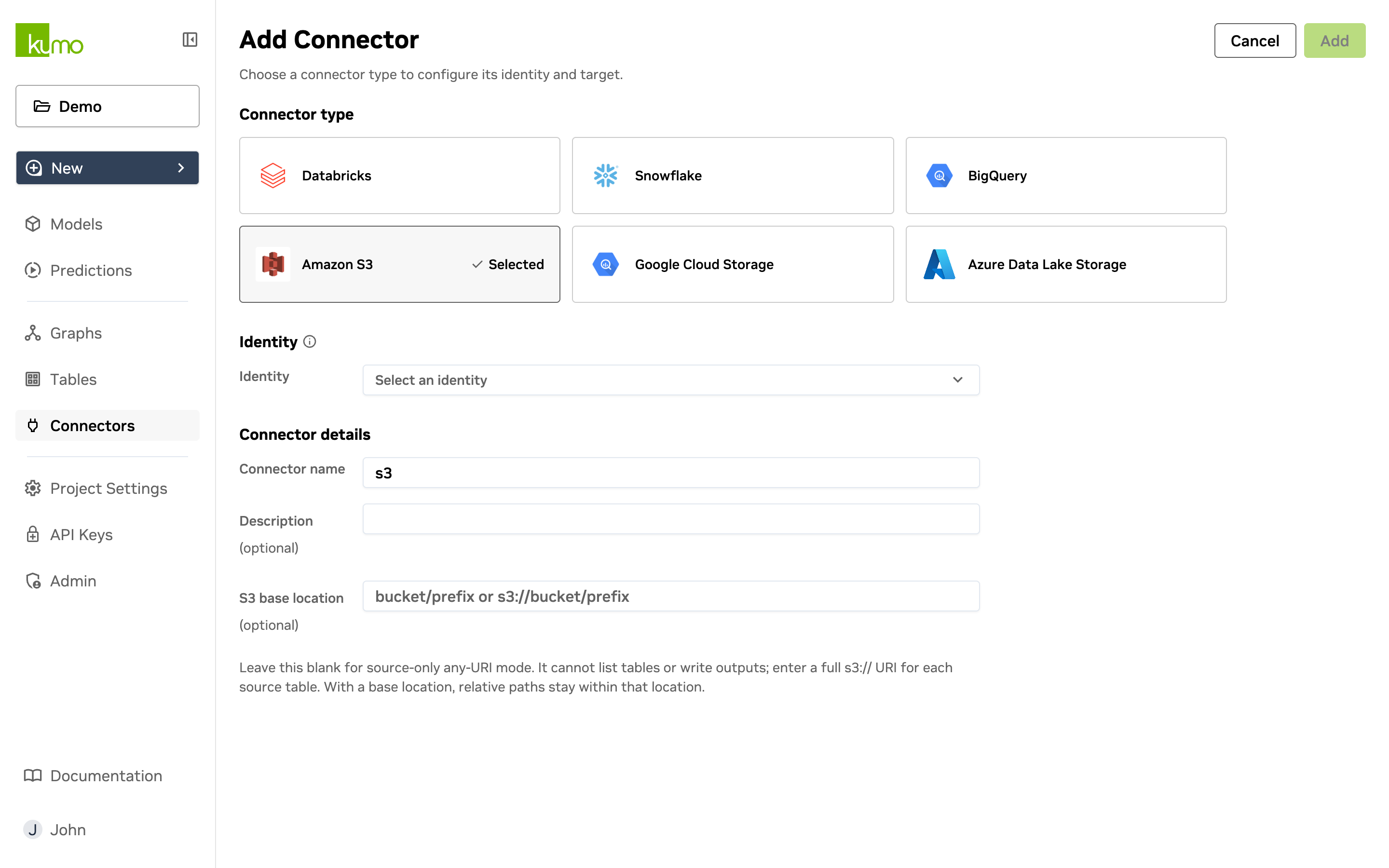 Add Connector page with Amazon S3 selected as the connector type