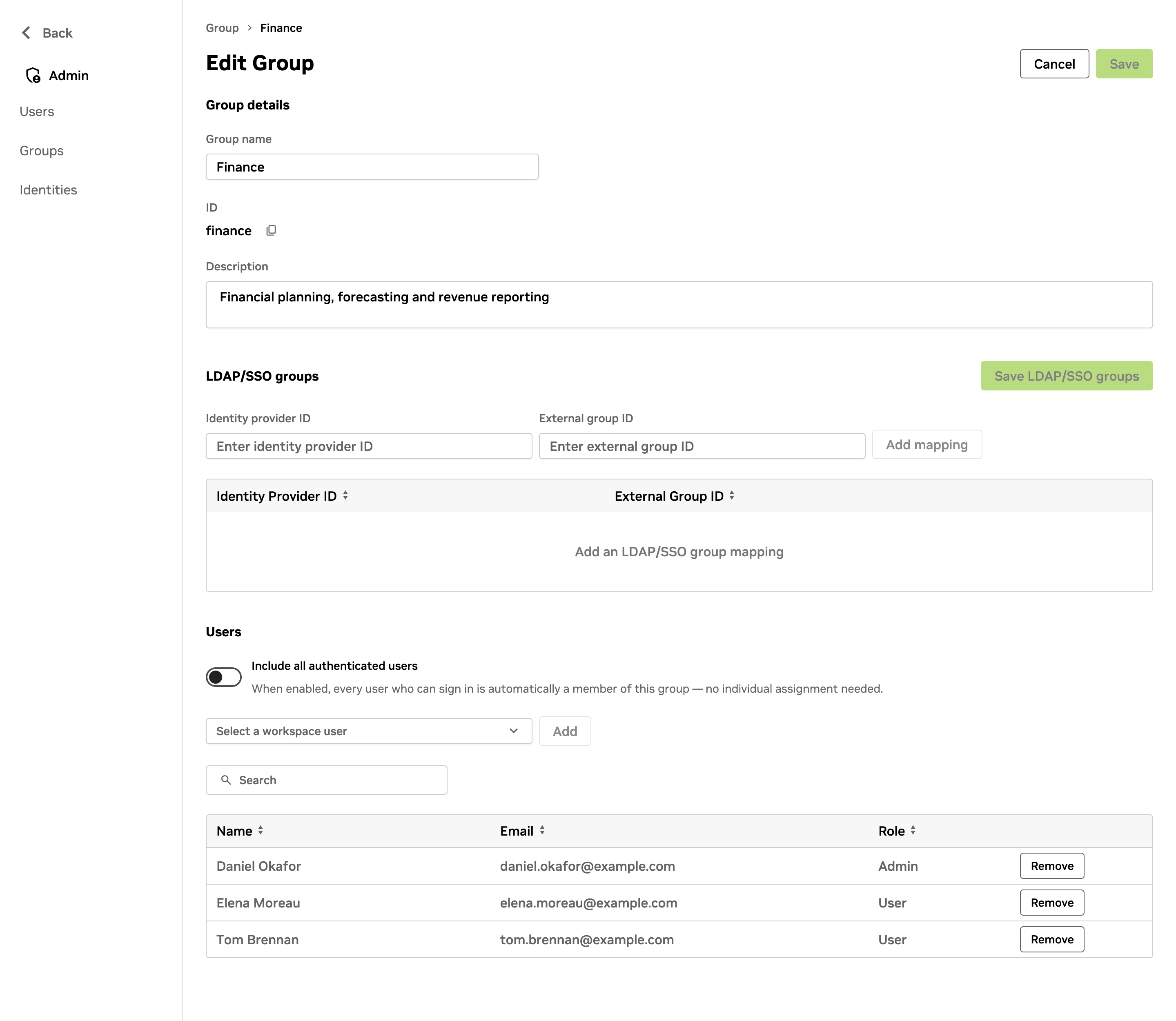Edit Group page showing the group details, the LDAP/SSO groups section, and the list of members