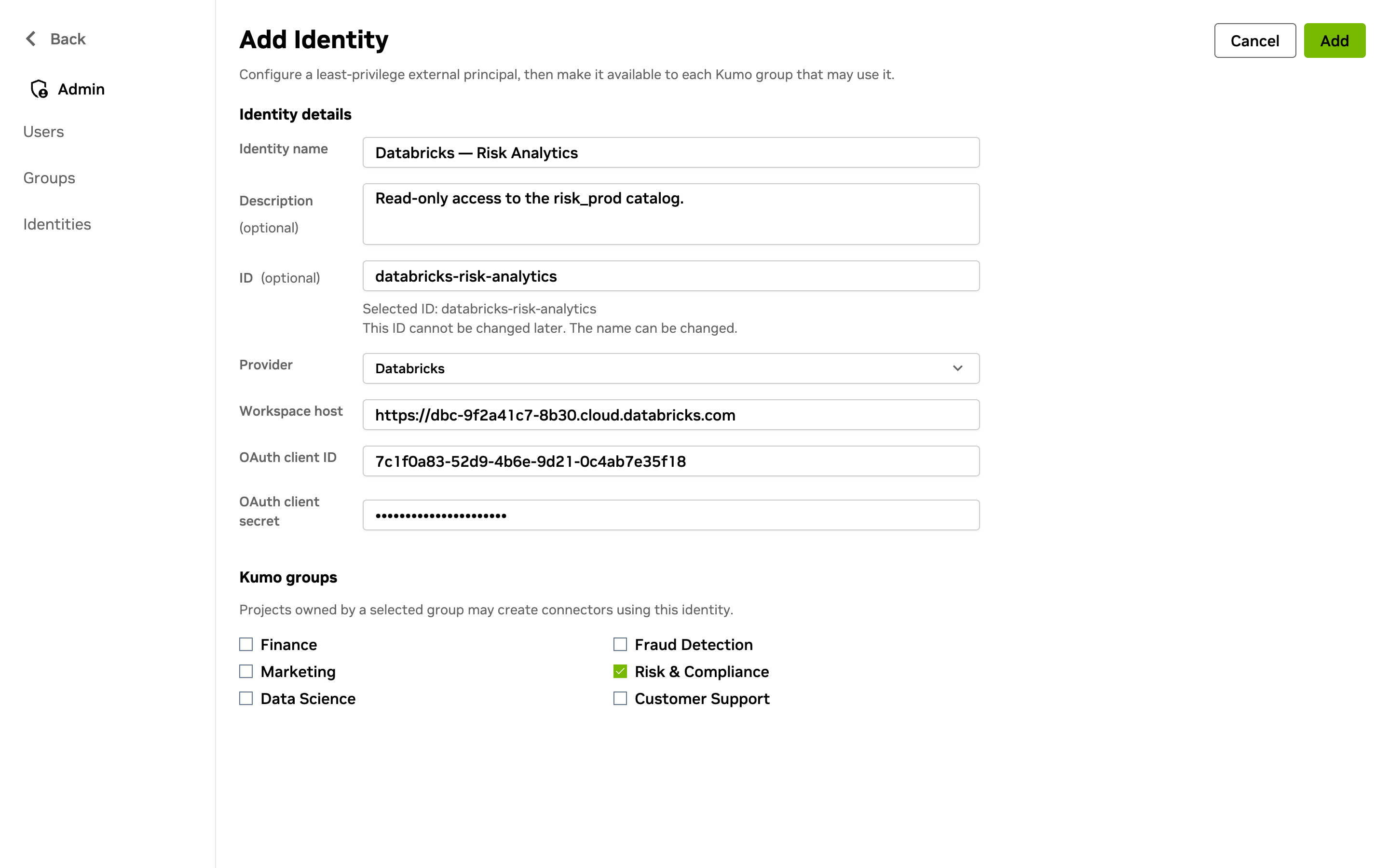 Add Identity page with the Databricks provider selected, its provider fields completed, and one Kumo group assigned