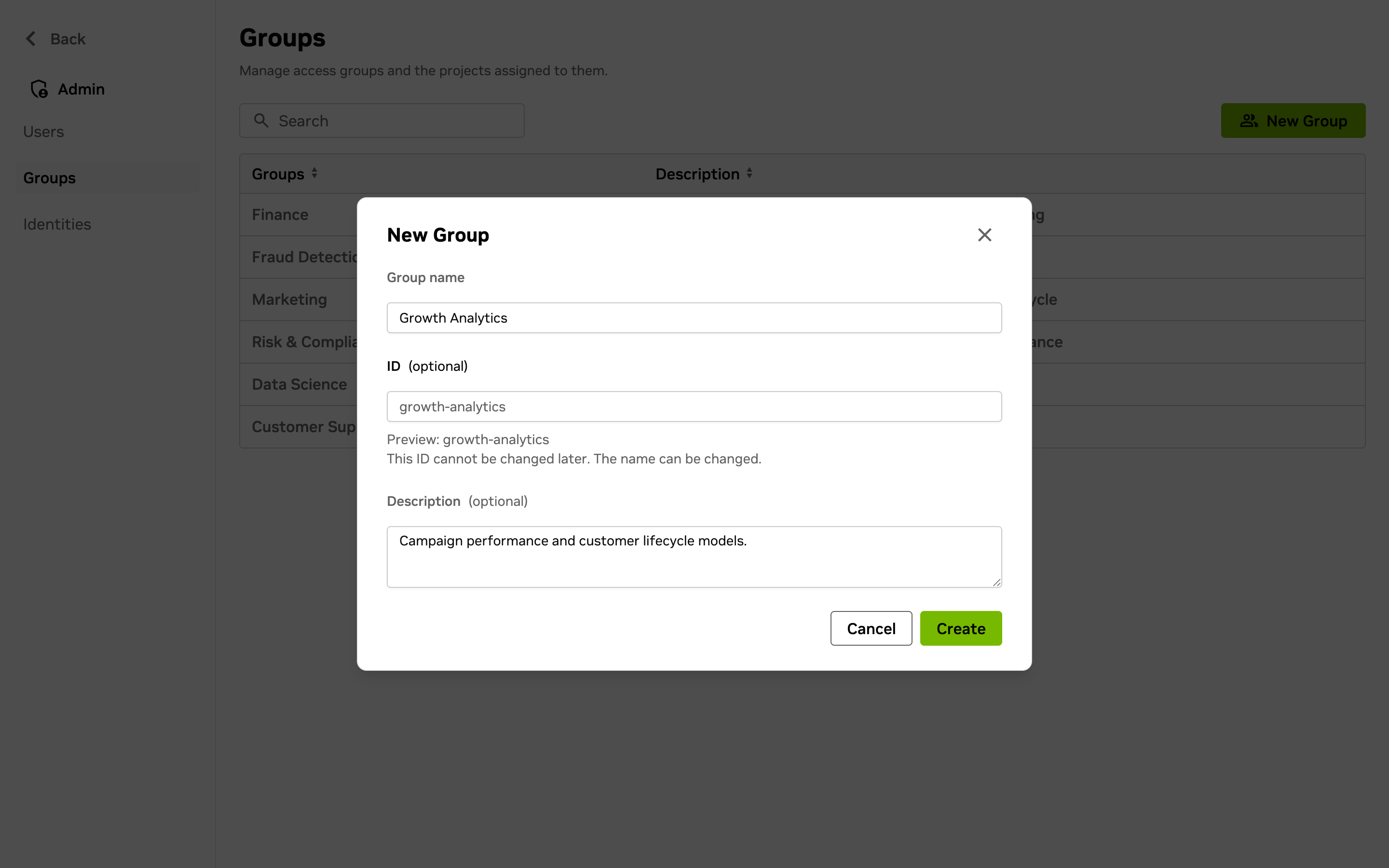 Groups page in the Admin panel with the New Group dialog open, showing the group name, generated ID, and description fields