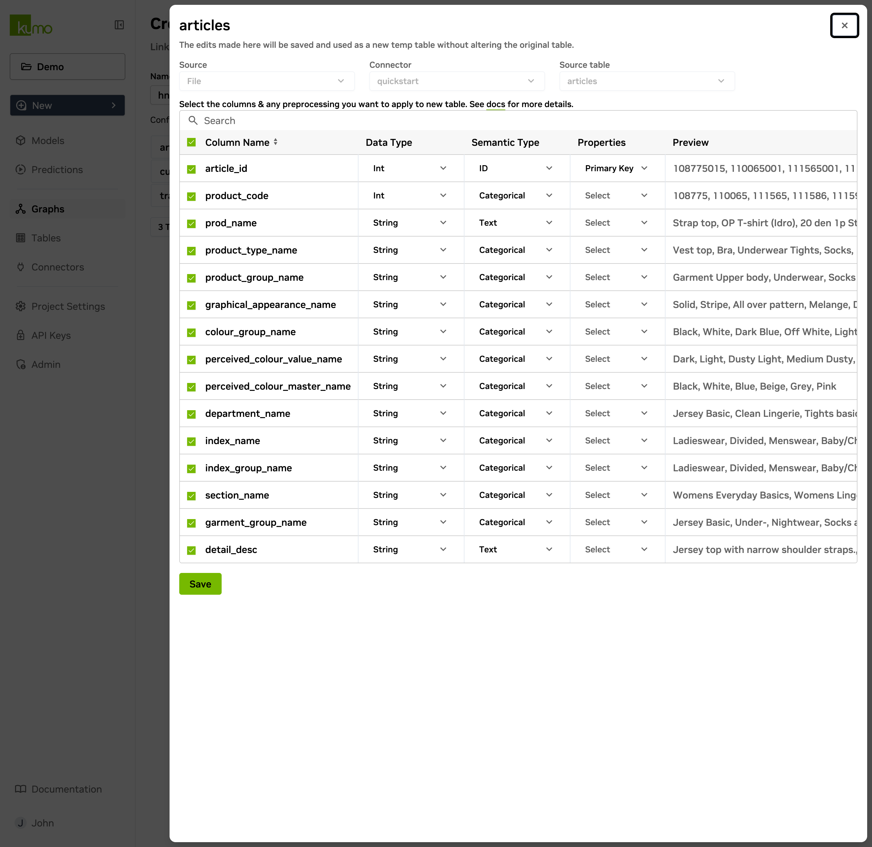 Table edit modal opened from the graph, showing the table's columns and preprocessing