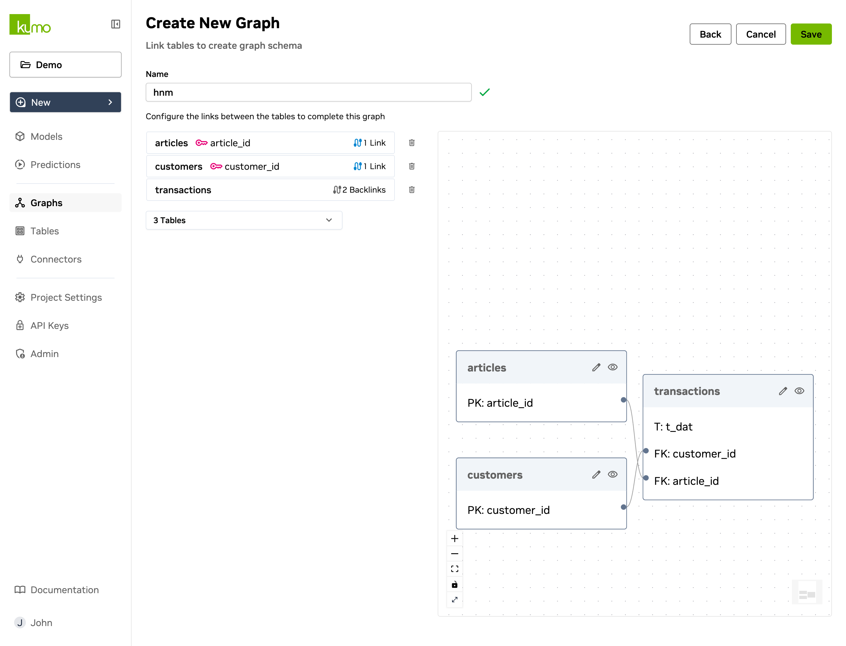 Link configuration step showing each table's links and backlinks alongside the graph schema