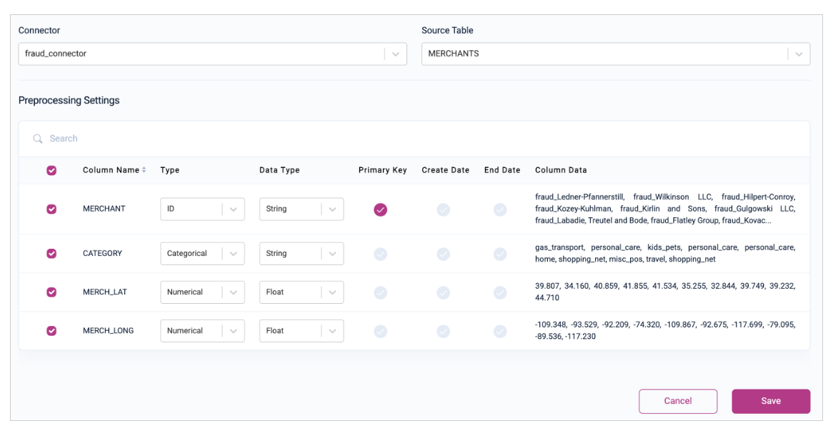 Merchants table configuration with MERCHANT set as primary key with type ID