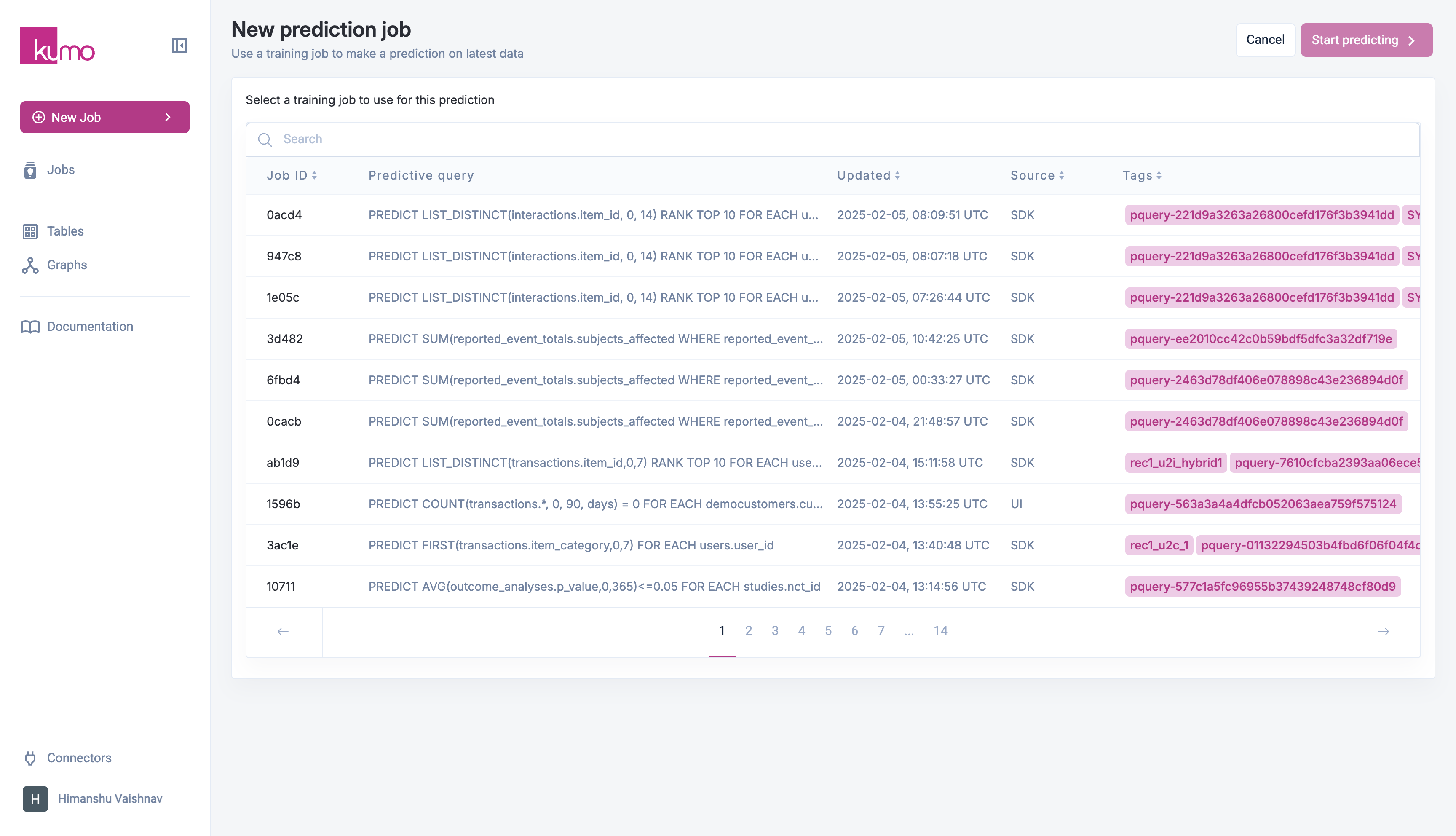 New Prediction page showing model selection and batch prediction setup