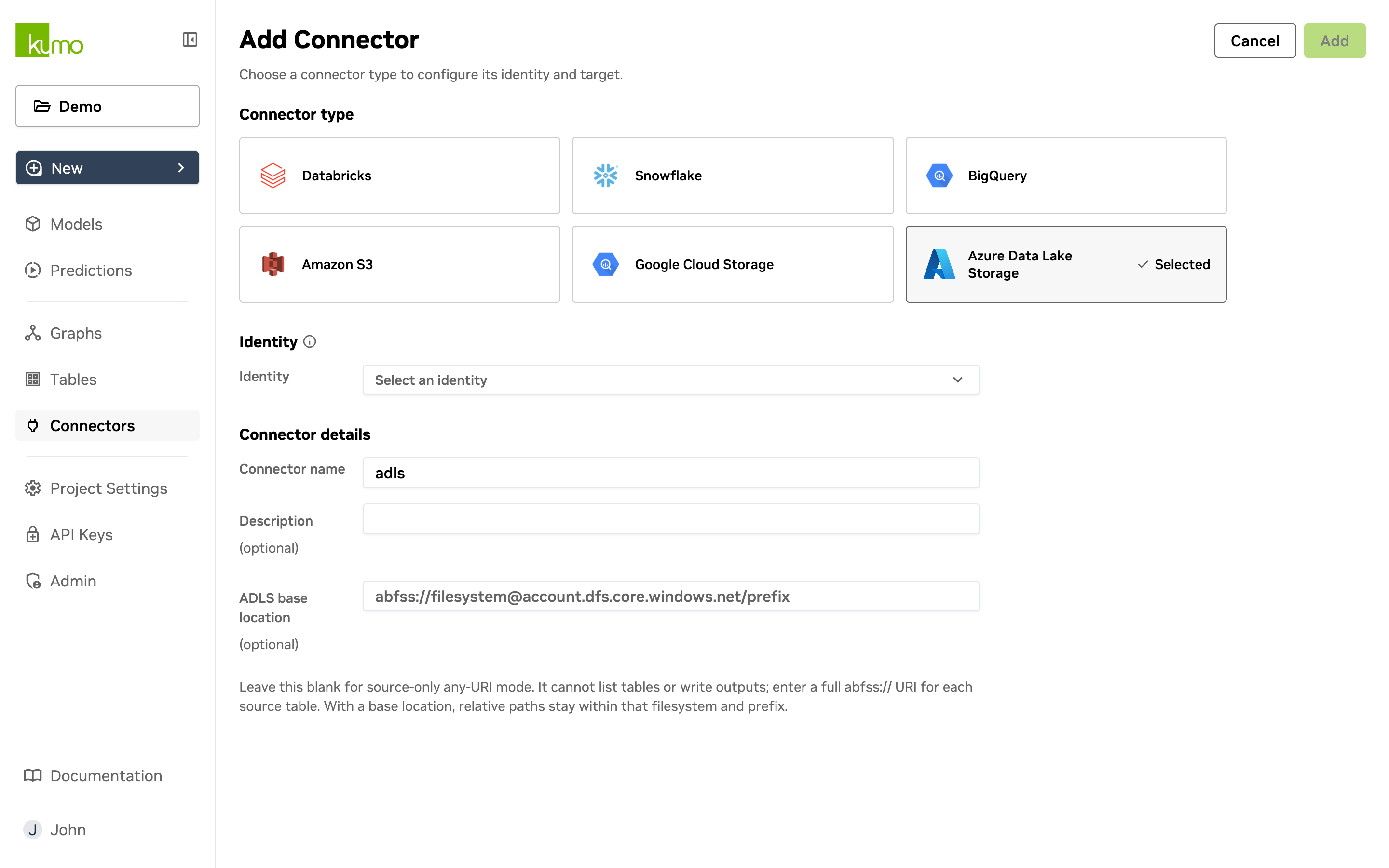 Add Connector page with Azure Data Lake Storage selected as the connector type