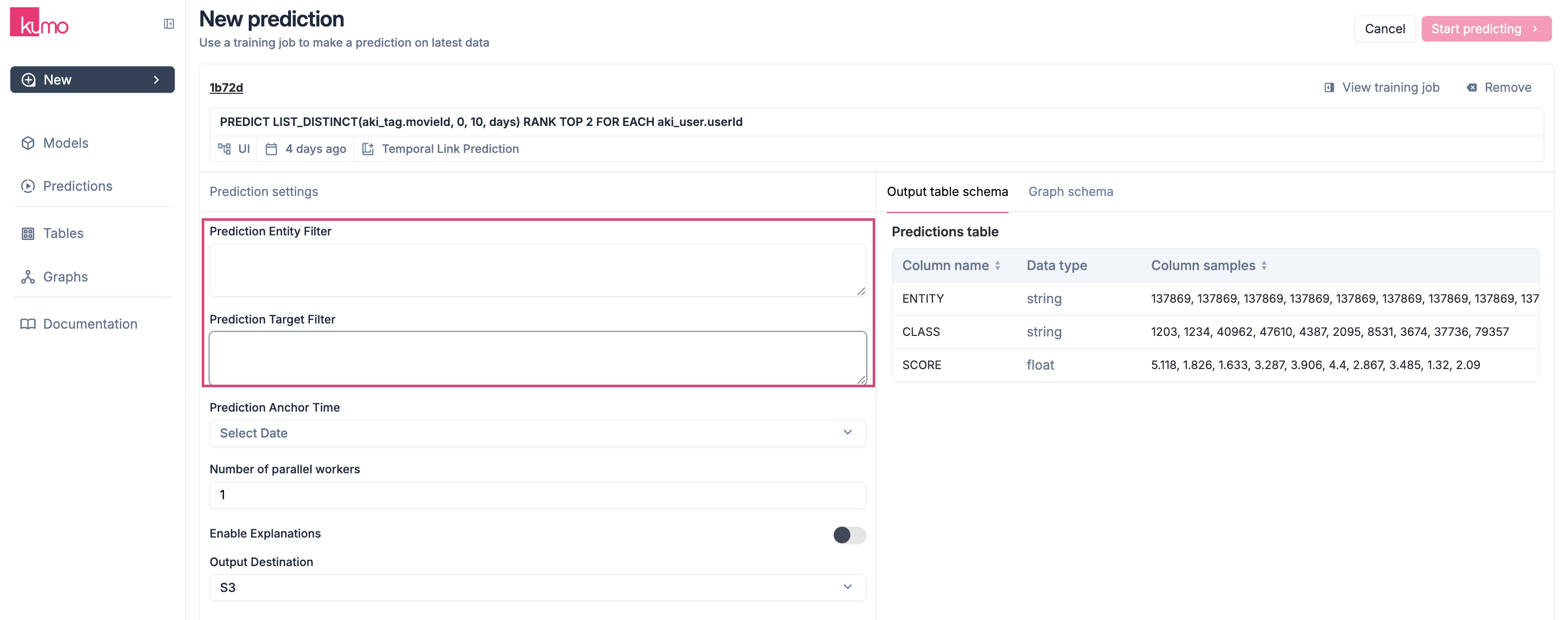 Entity filter panel for refining batch prediction targets