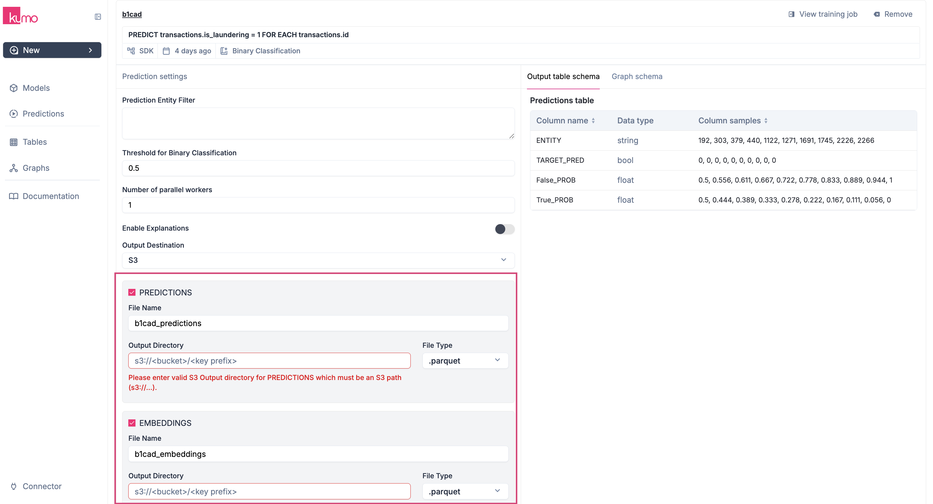 Output type selector showing Predictions and Embeddings options