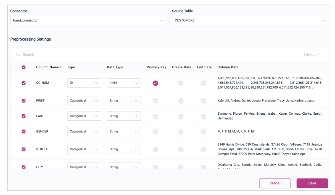 Customers table configuration with CC_NUM set as primary key with type ID