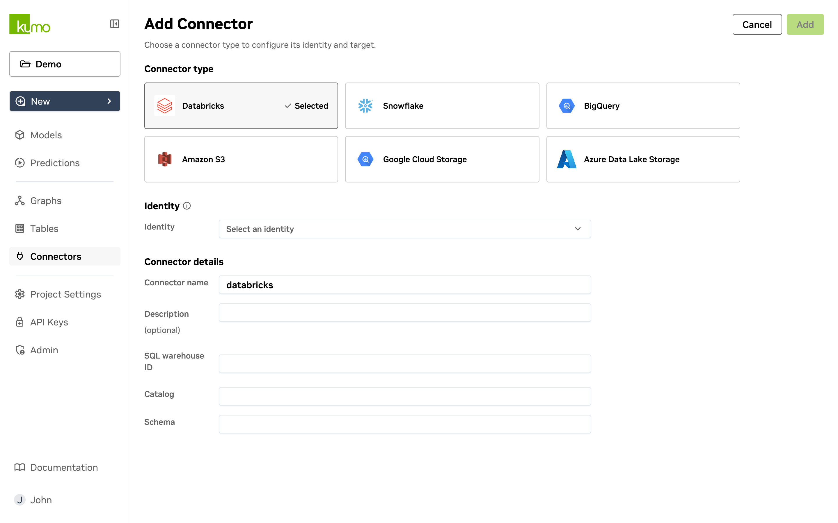 Add Connector page with Databricks selected as the connector type