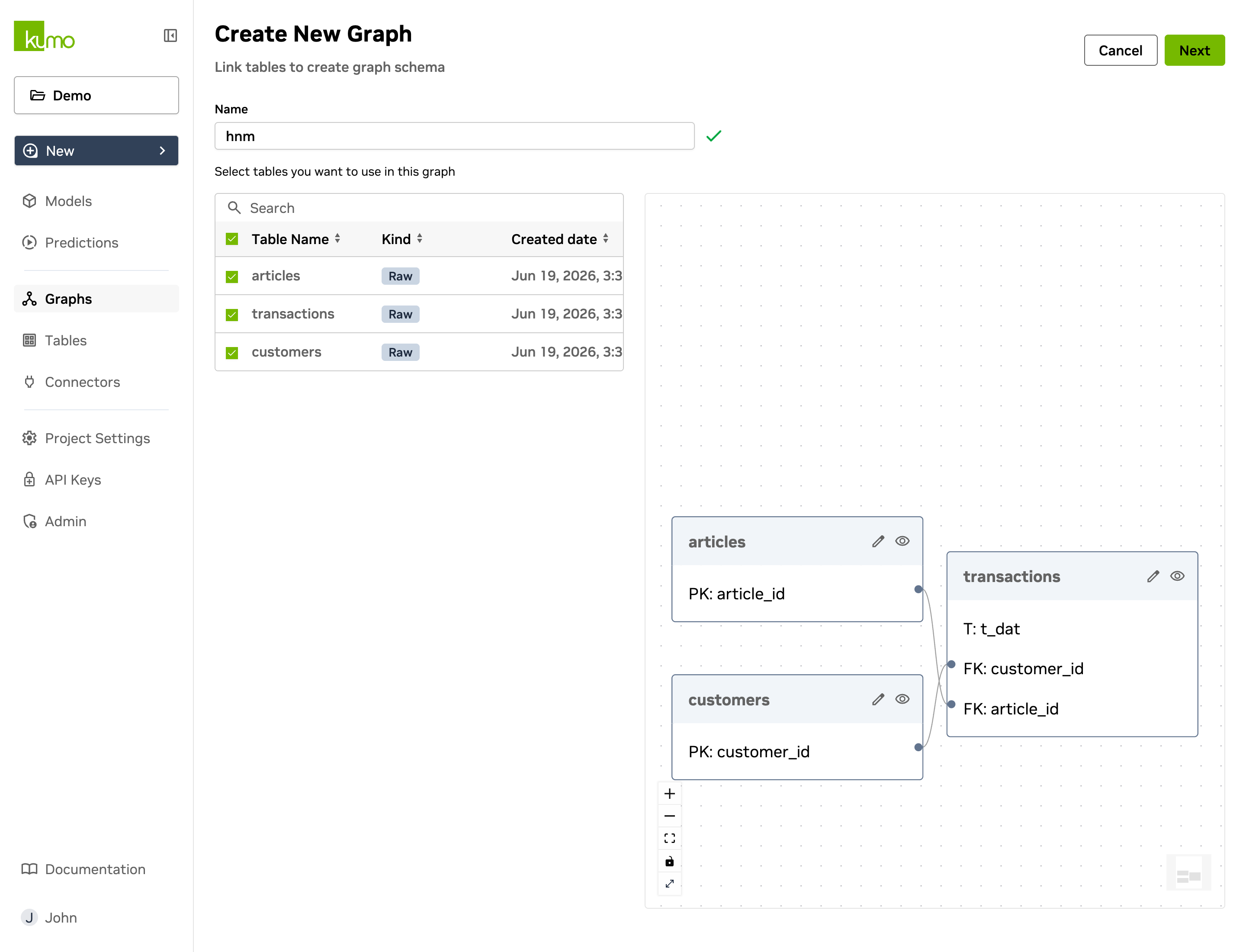 Create New Graph page with tables selected and the resulting schema shown on the right