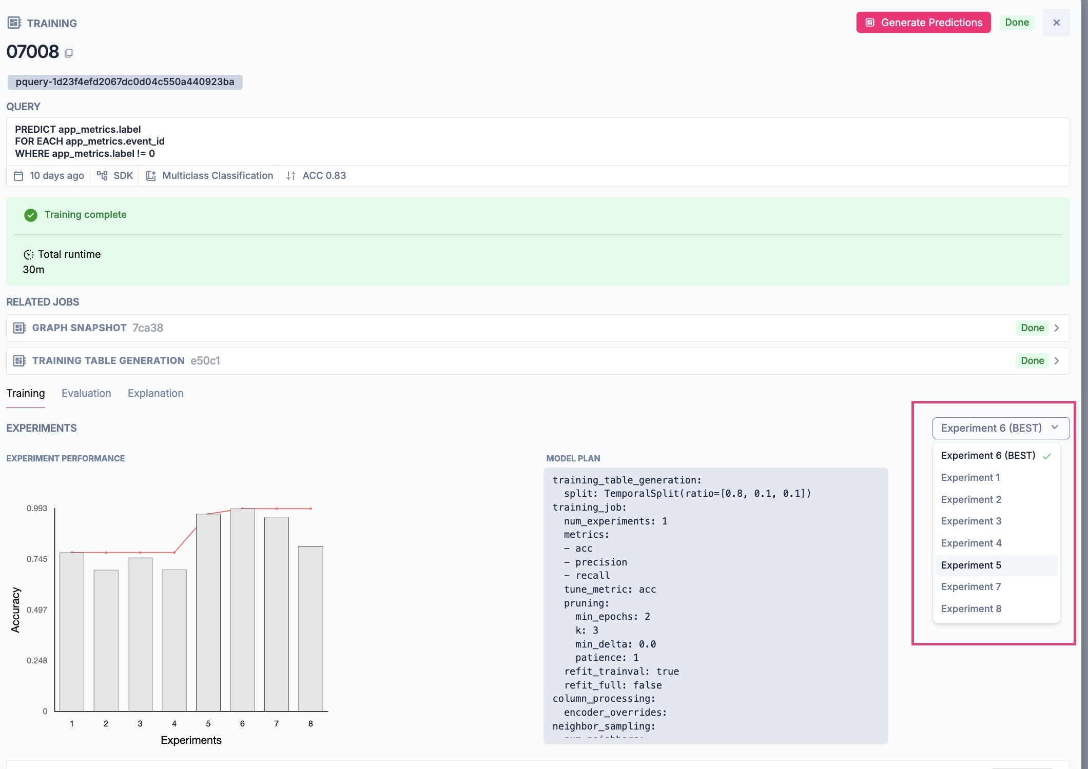 Experiment drop-down showing model planner configurations per experiment