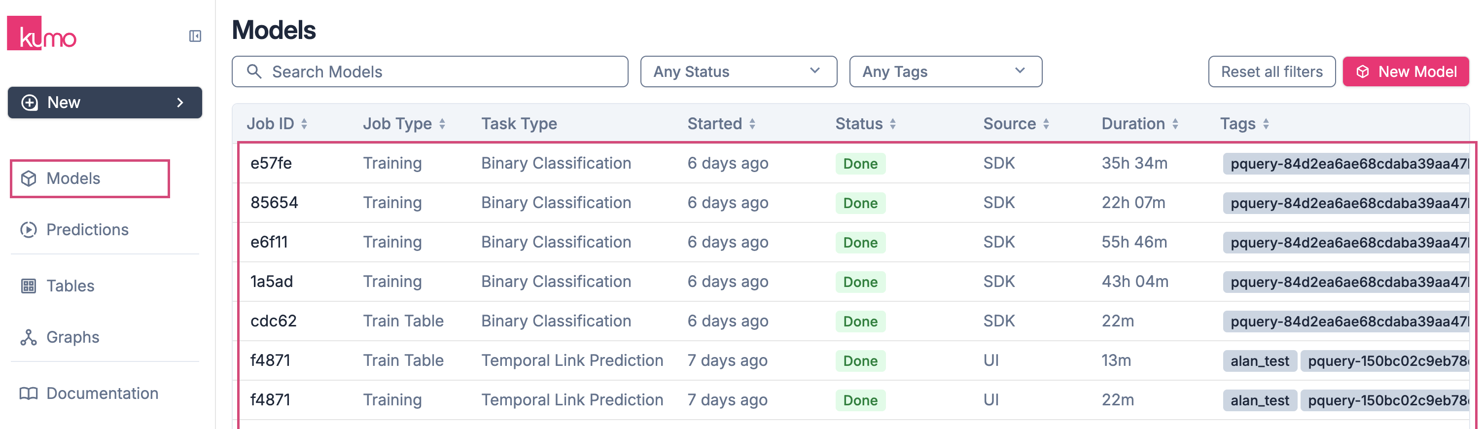 Training job status under the Models tab