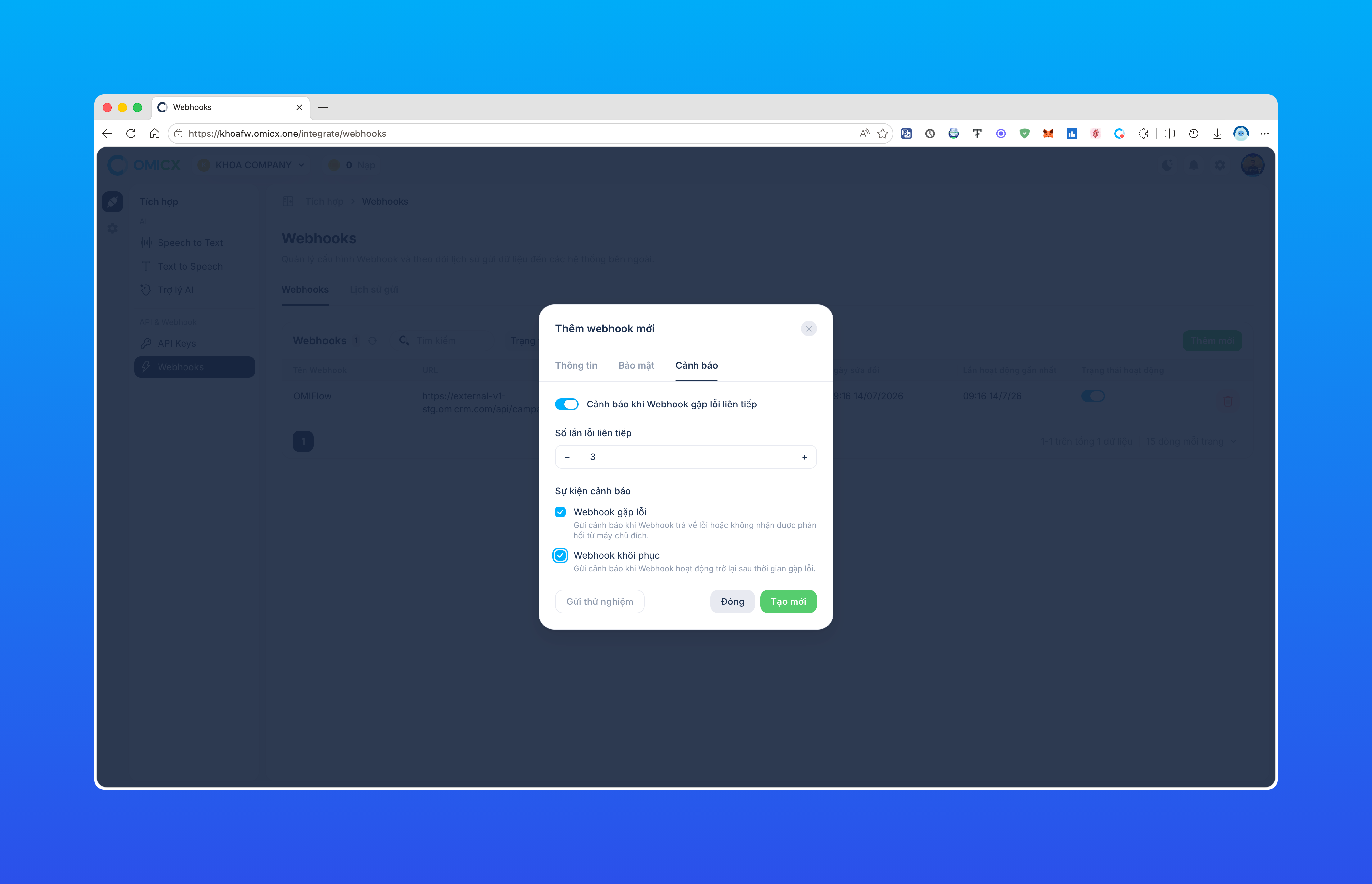 Form Thêm webhook mới — tab Cảnh báo