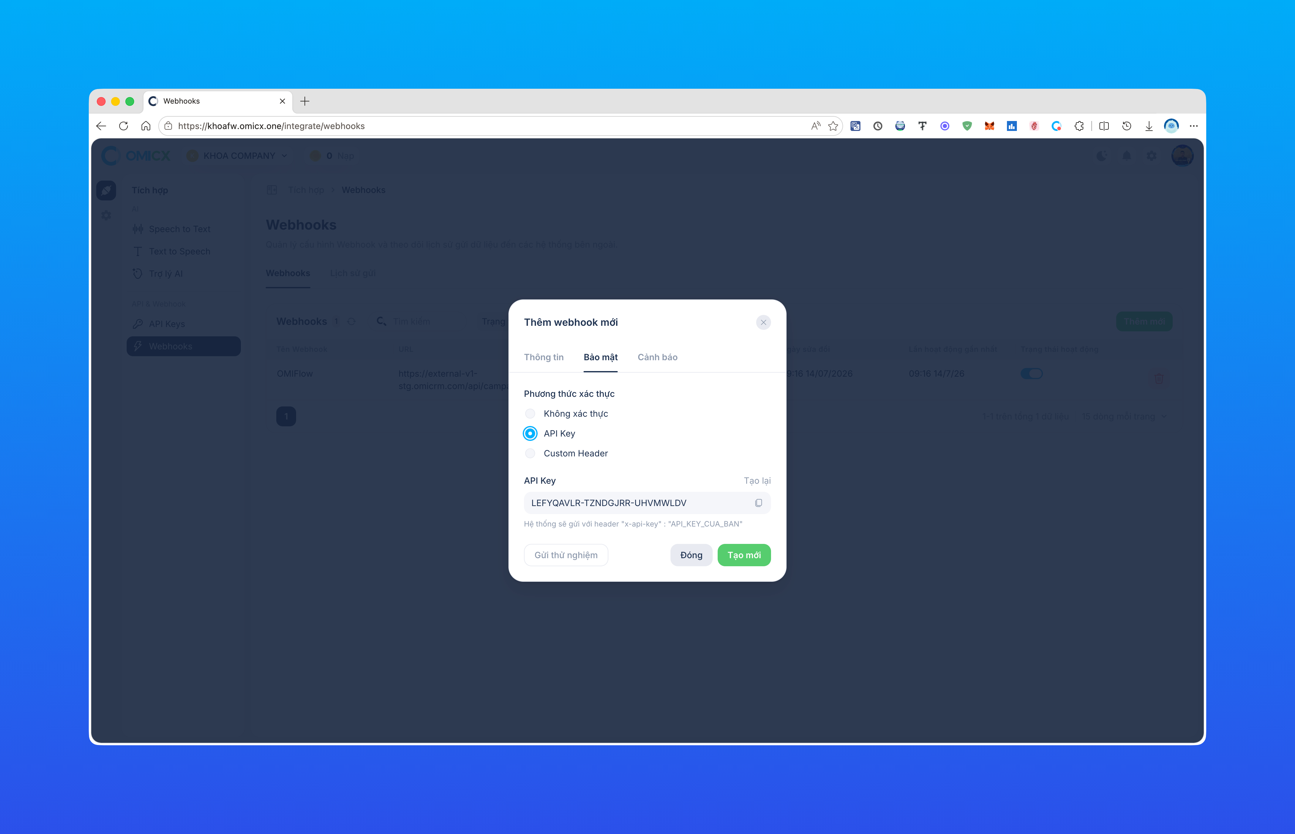Form Thêm webhook mới — tab Bảo mật