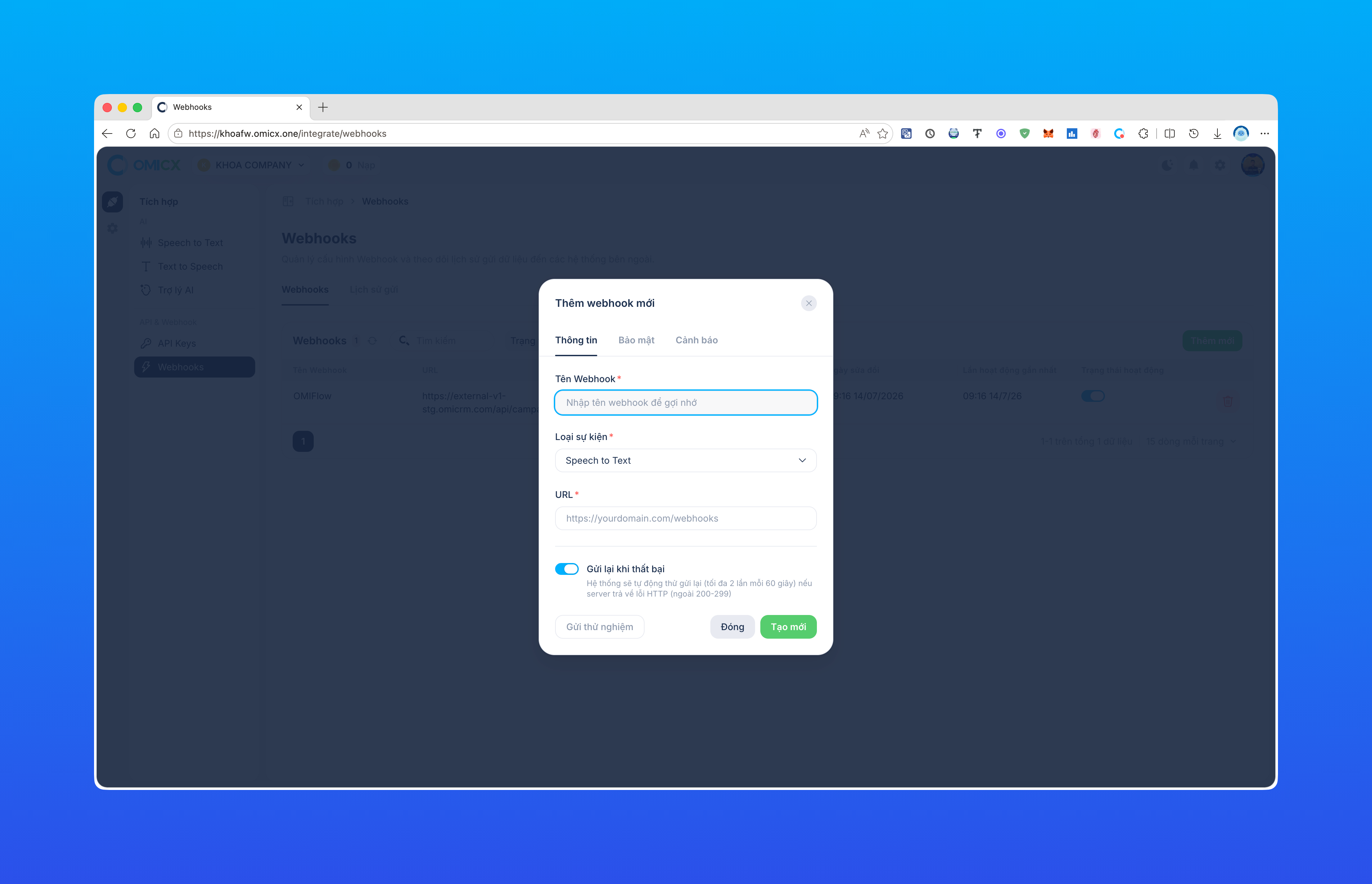 Form Thêm webhook mới — tab Thông tin