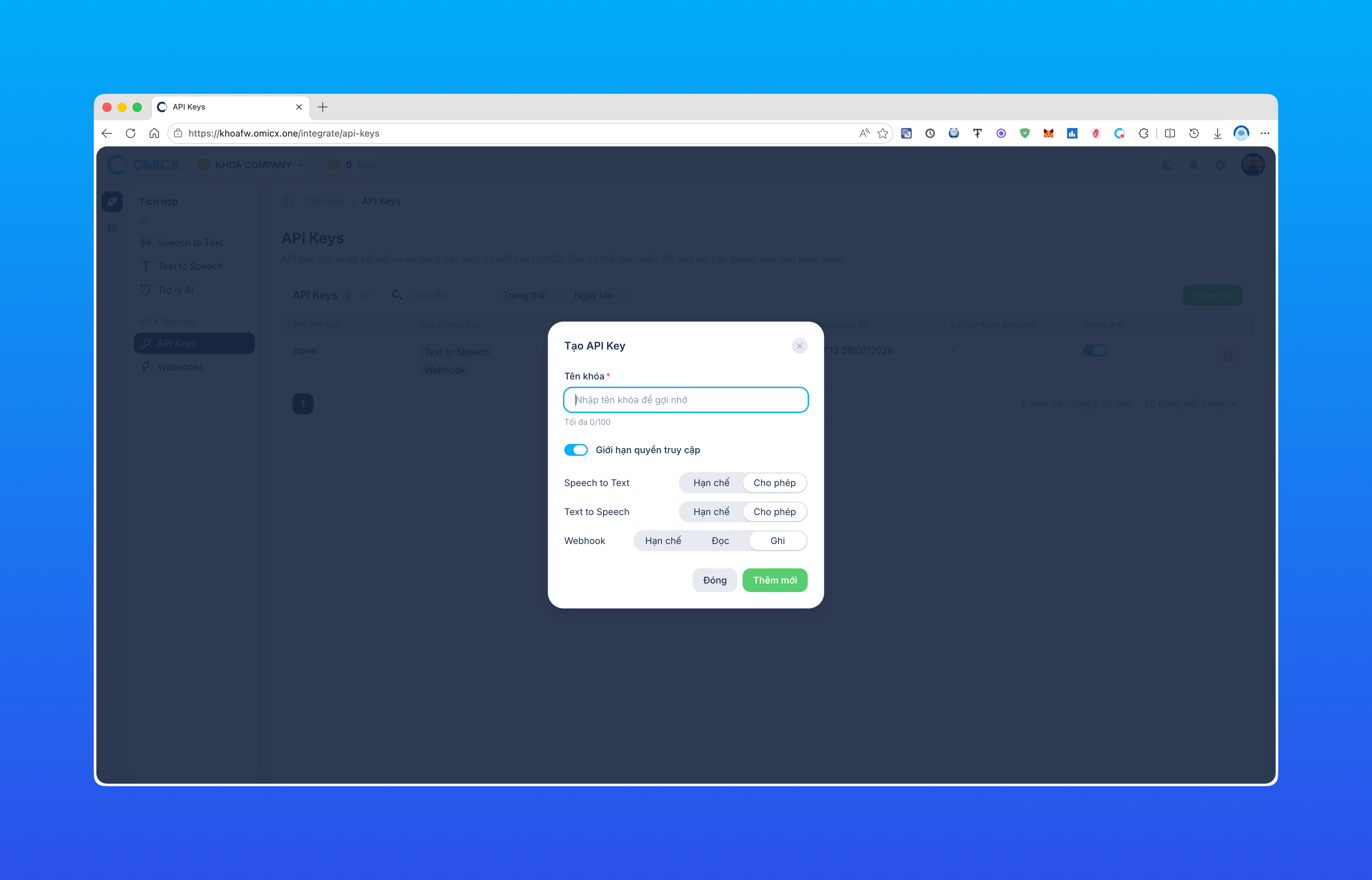 Form Tạo API Key