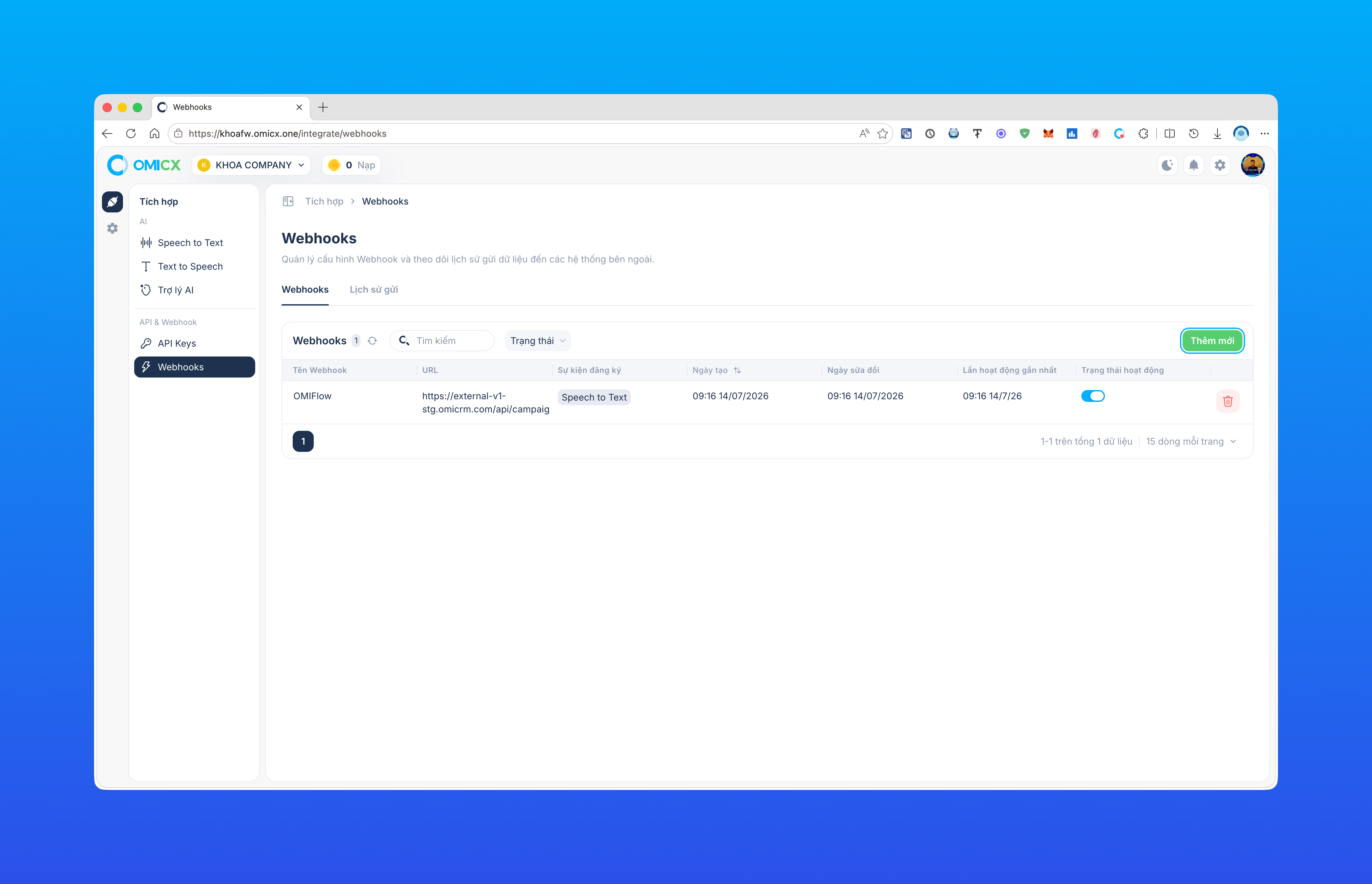 Trang danh sách Webhooks