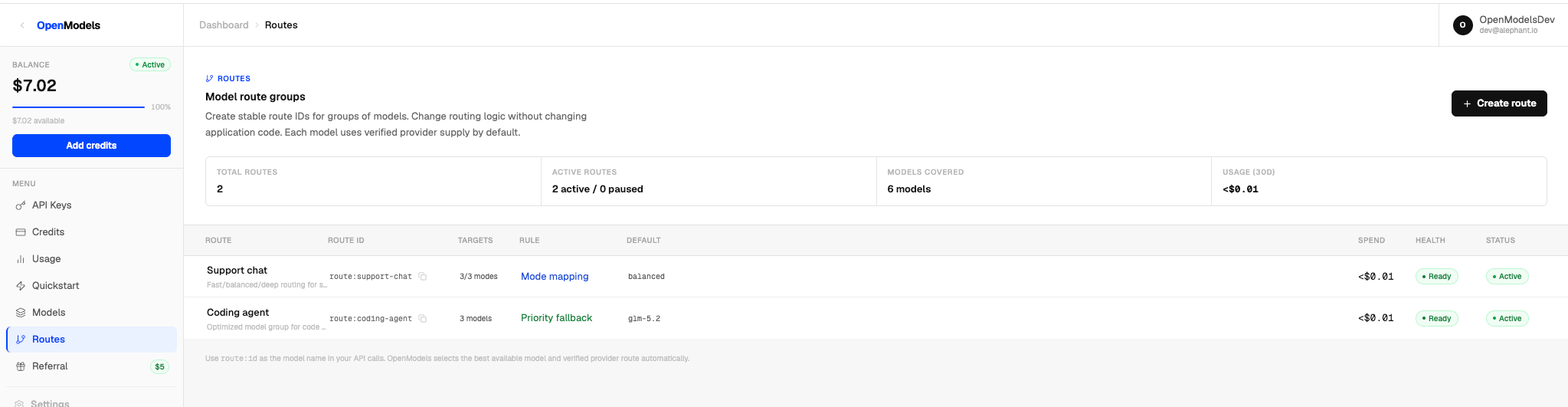 显示路由 ID、规则、健康状态和状态的 OpenModels 路由表