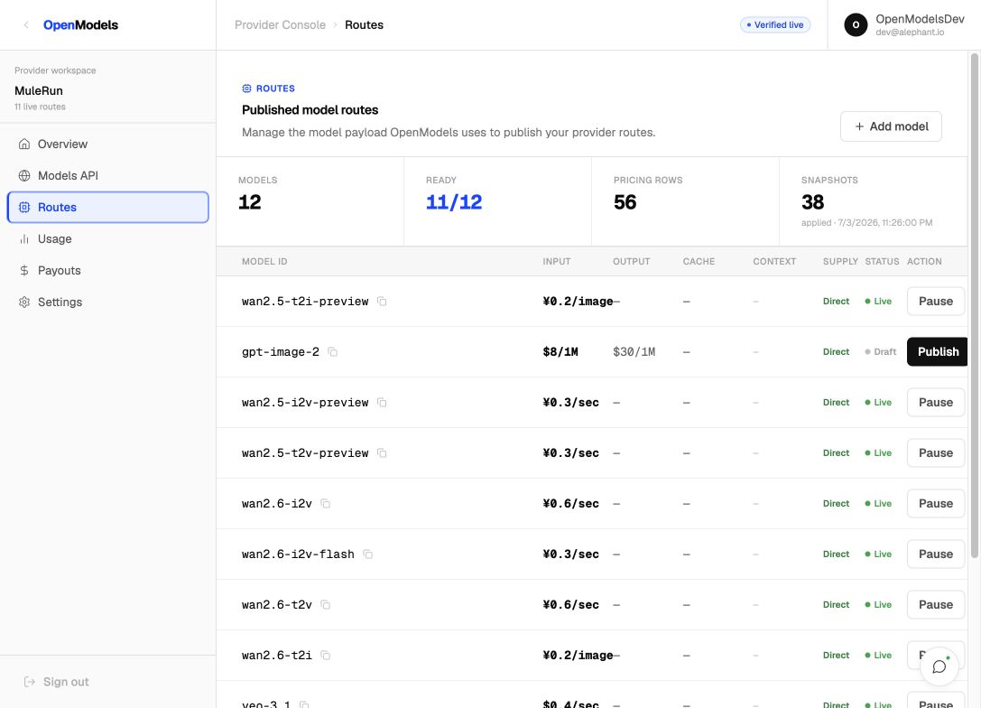 包含模型 ID、定价、路由状态和操作的 Provider Console 路由表