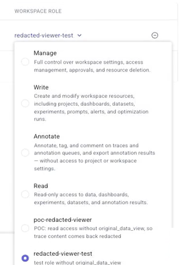 The Workspace role list in the Manage users dialog, showing the default roles and two custom roles