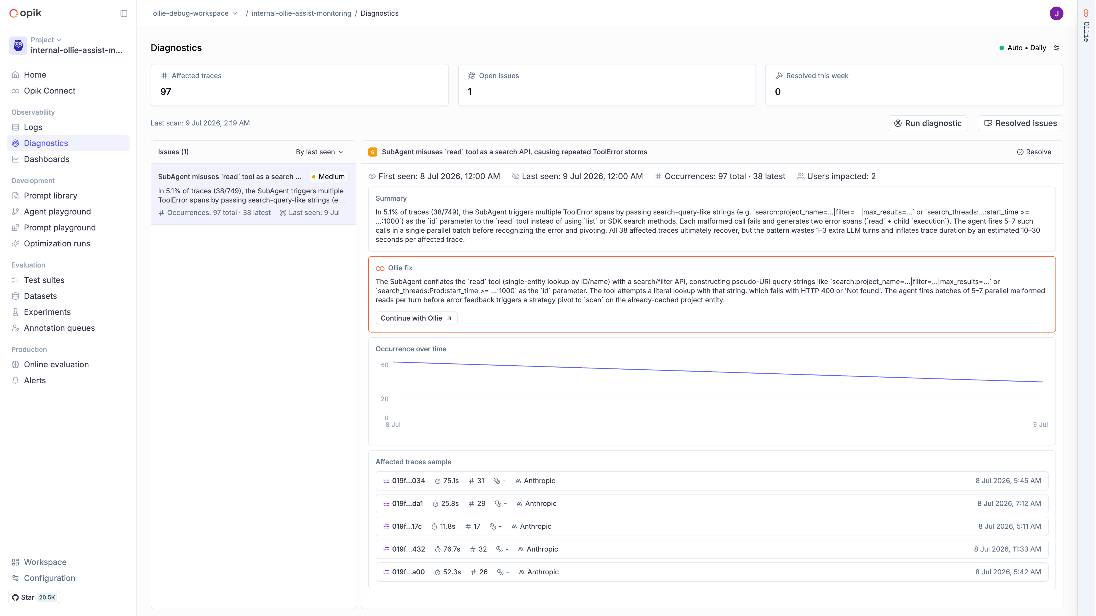 Diagnostics page showing a detected issue with summary and Ollie fix