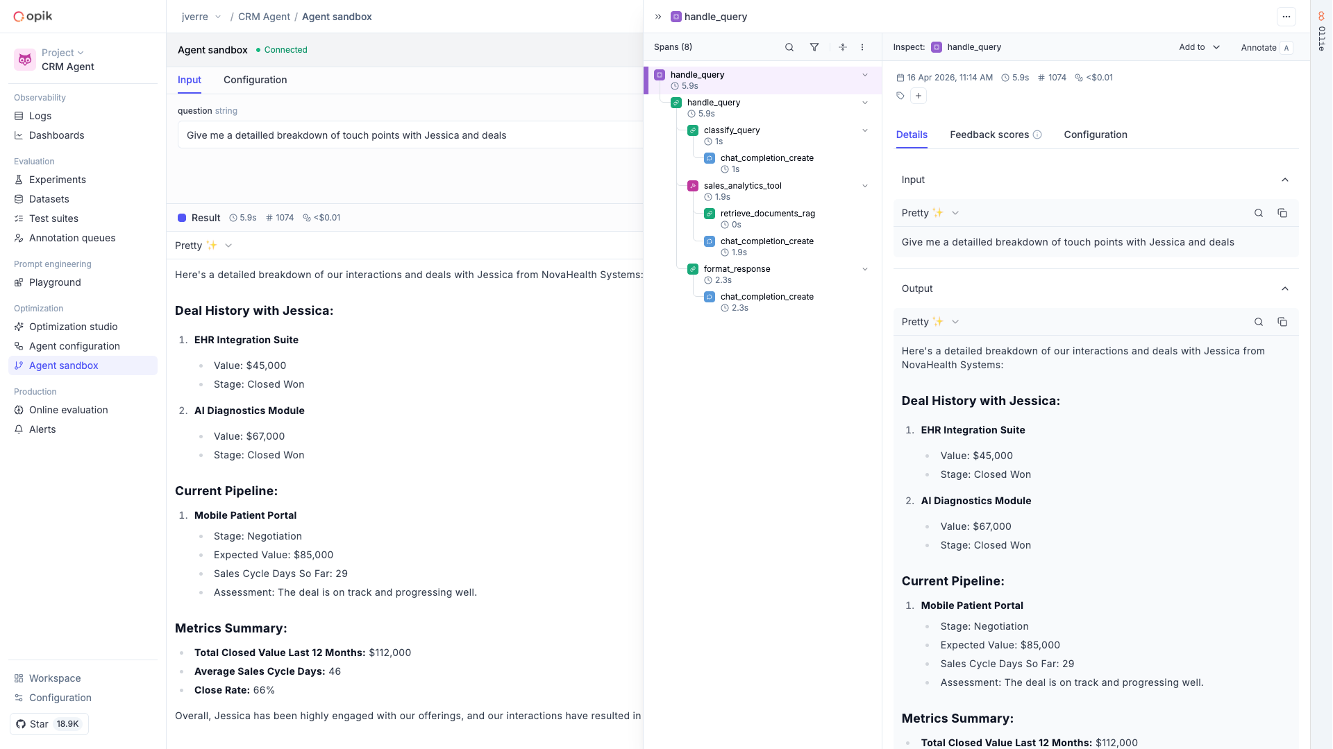 Agent Playground UI showing a connected runner with input fields and execution results