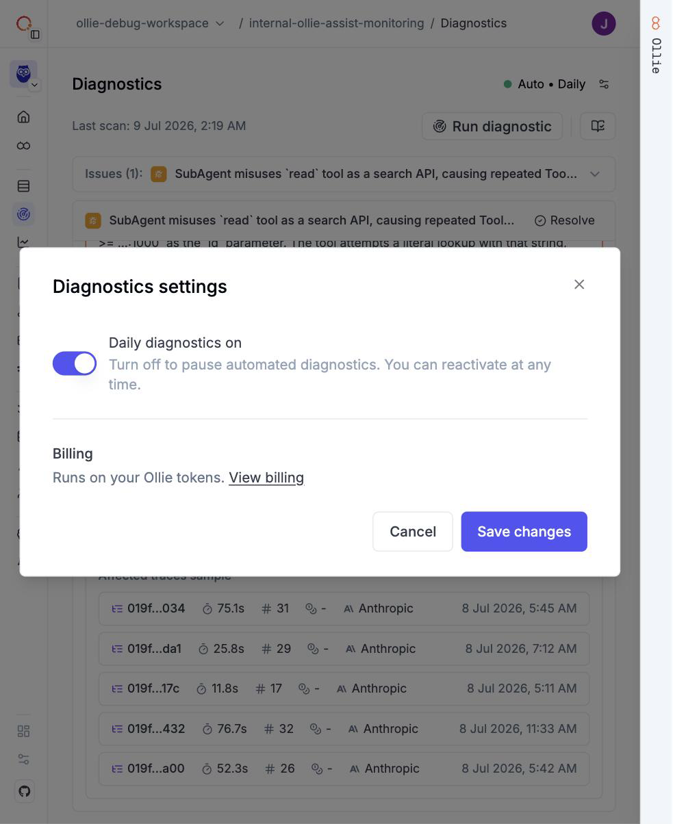 Diagnostics settings dialog with daily scan toggle