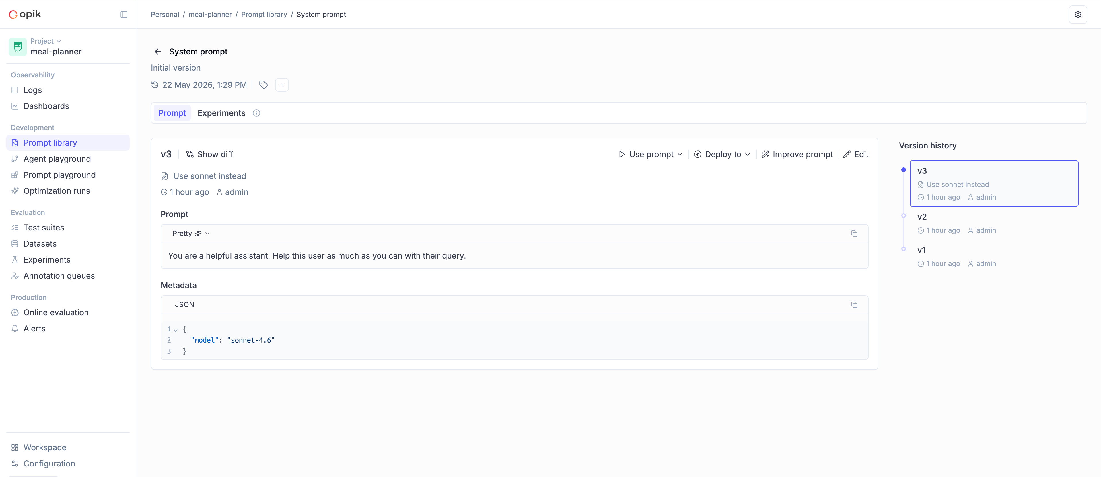 Version comparison view showing a diff of prompt changes between two versions