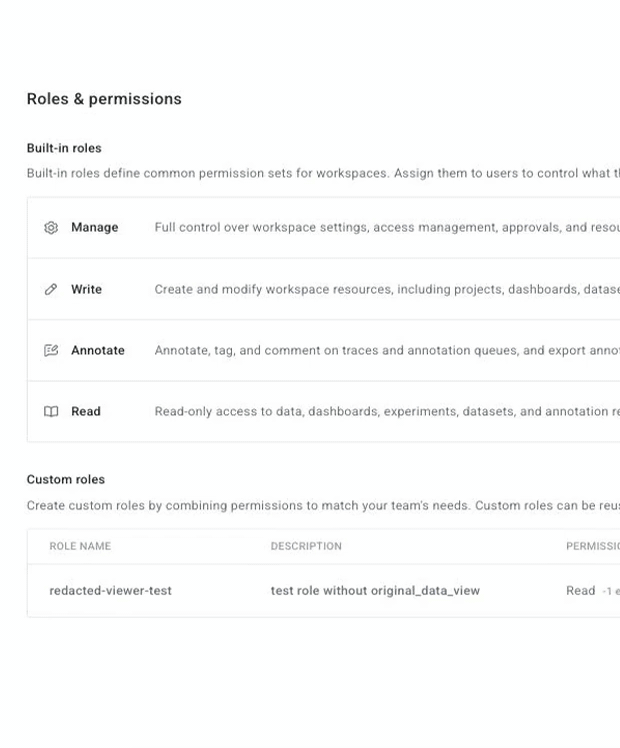 The Create custom role form: a role name and description are entered, Read is selected as the base role, and Original data view is cleared under Opik Traces