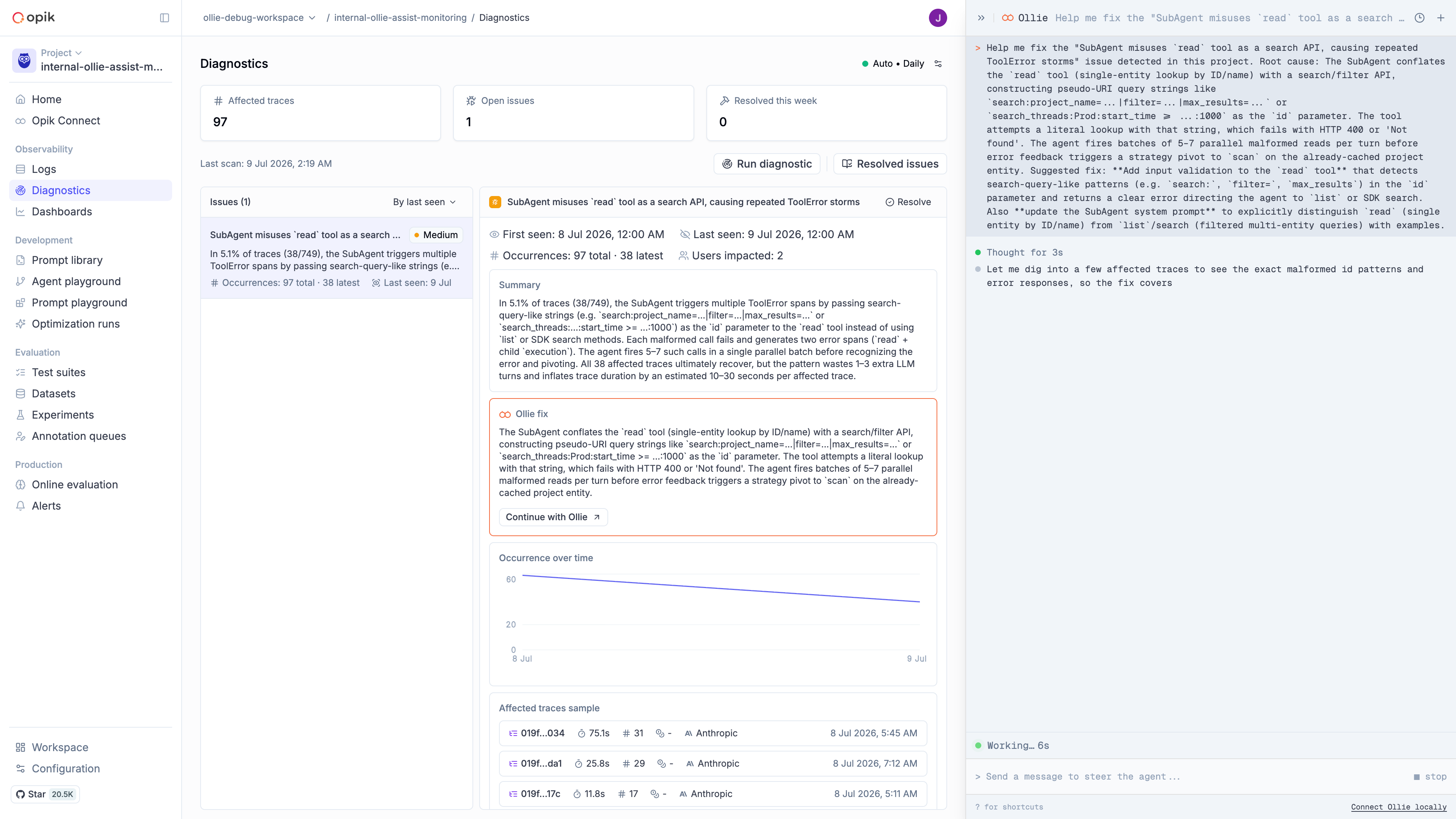 Occurrence over time chart and affected traces sample for a diagnostics issue