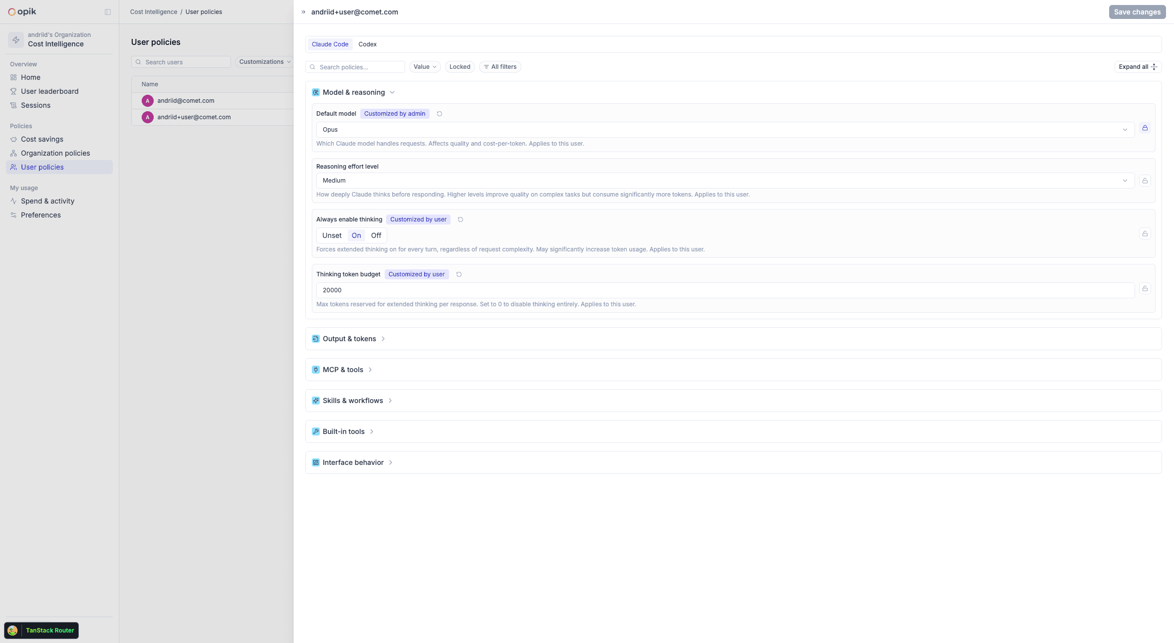 A user's policy drawer showing an admin override of the org model and a setting still inheriting the org value
