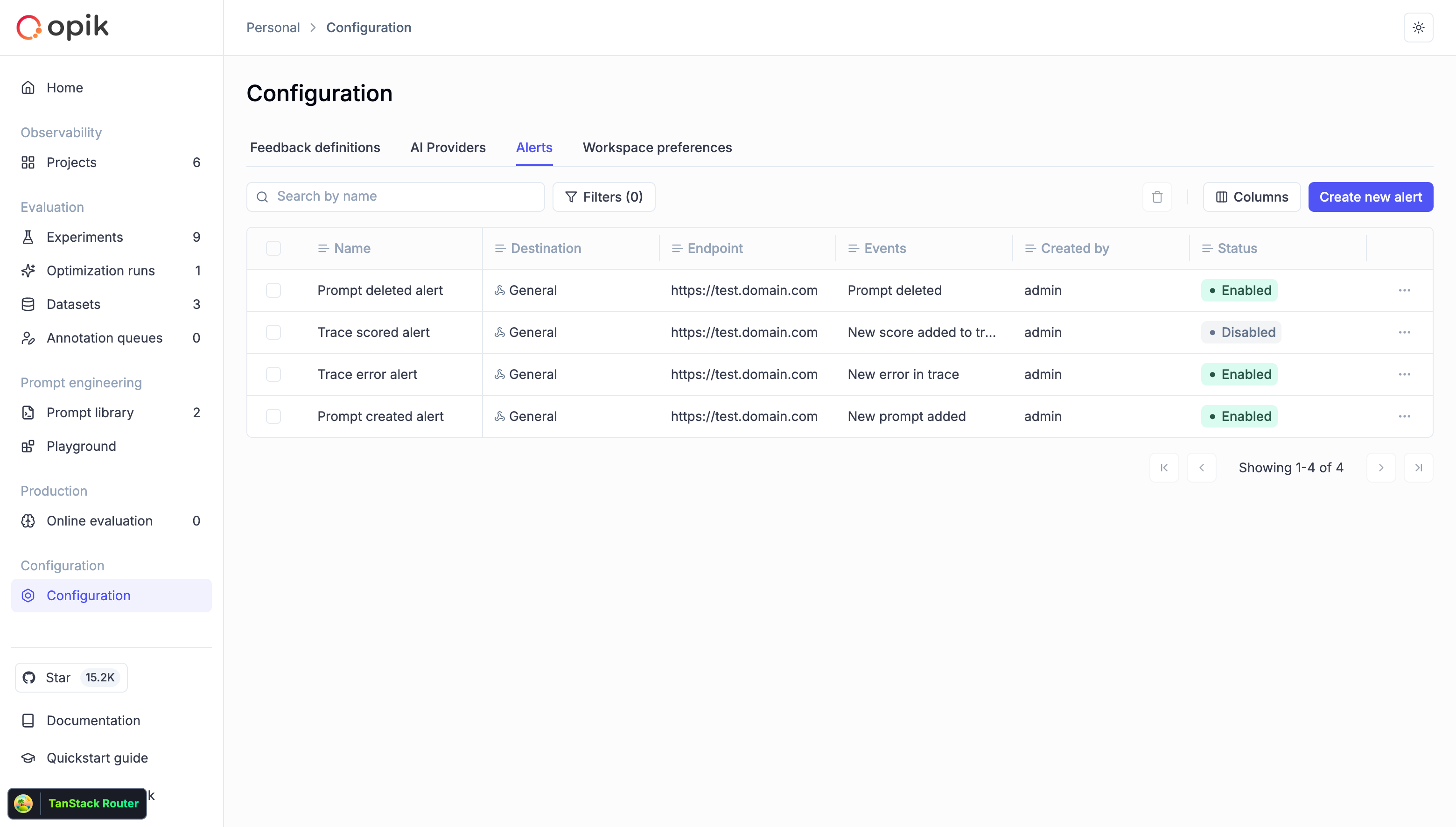 Alerts configuration in Opik
