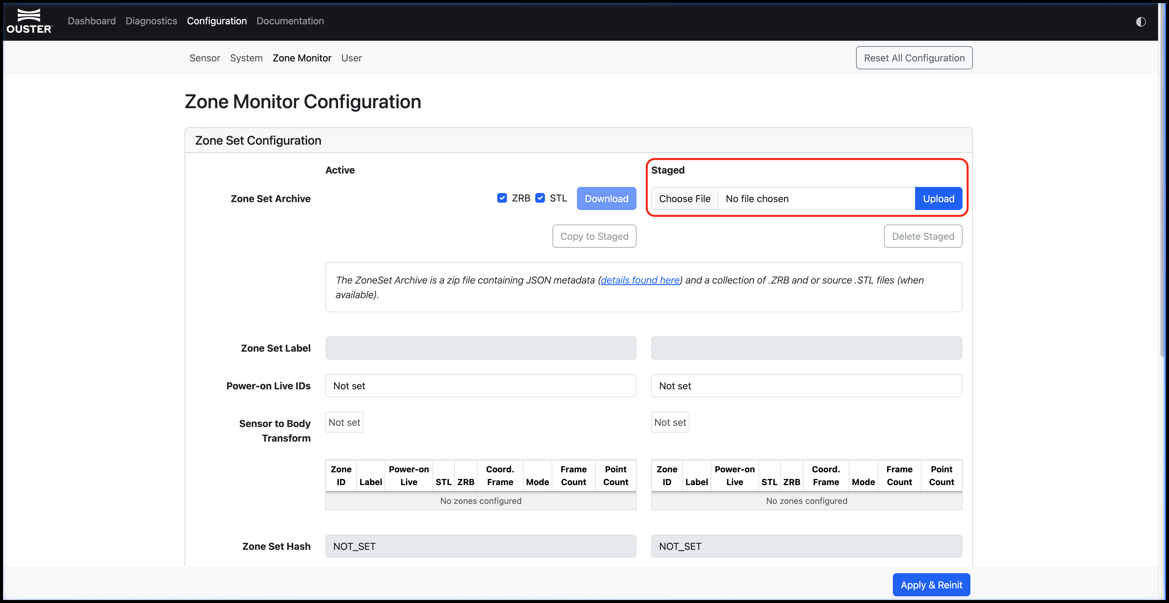 Zone Monitoring configuration page