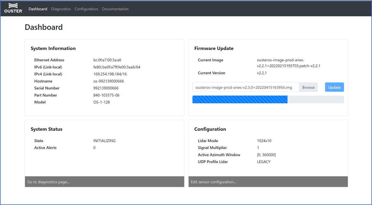 Uploading a new firmware image onto the sensor