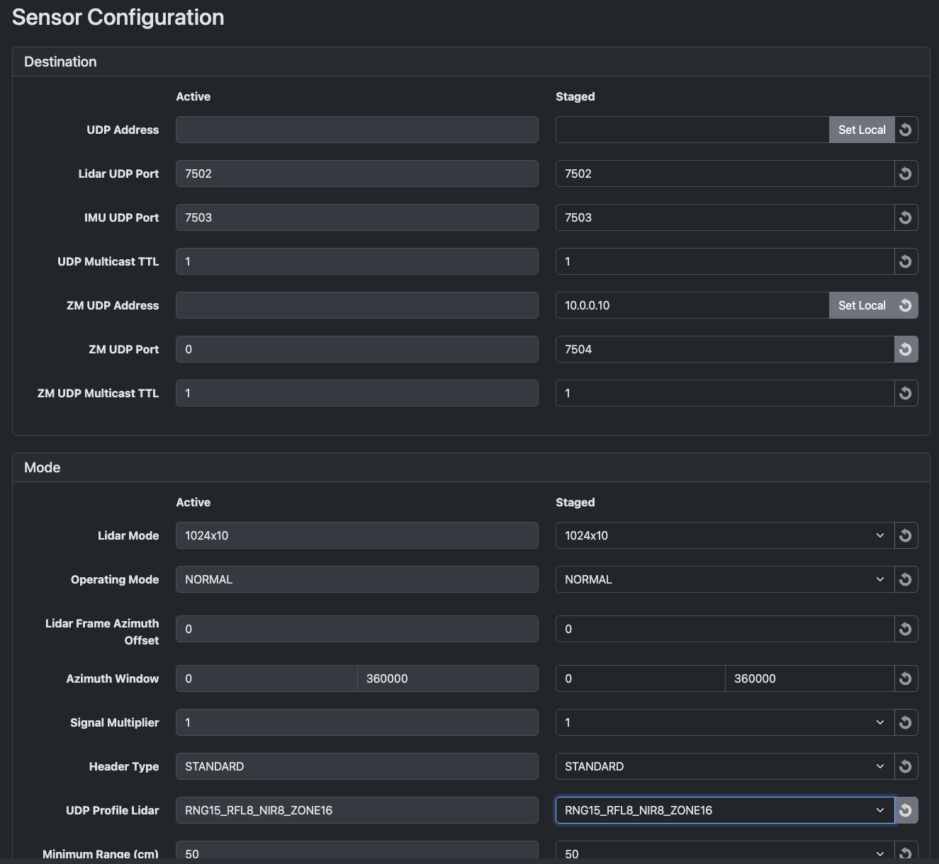 ZONE16 lidar profile and Zone Monitor UDP settings