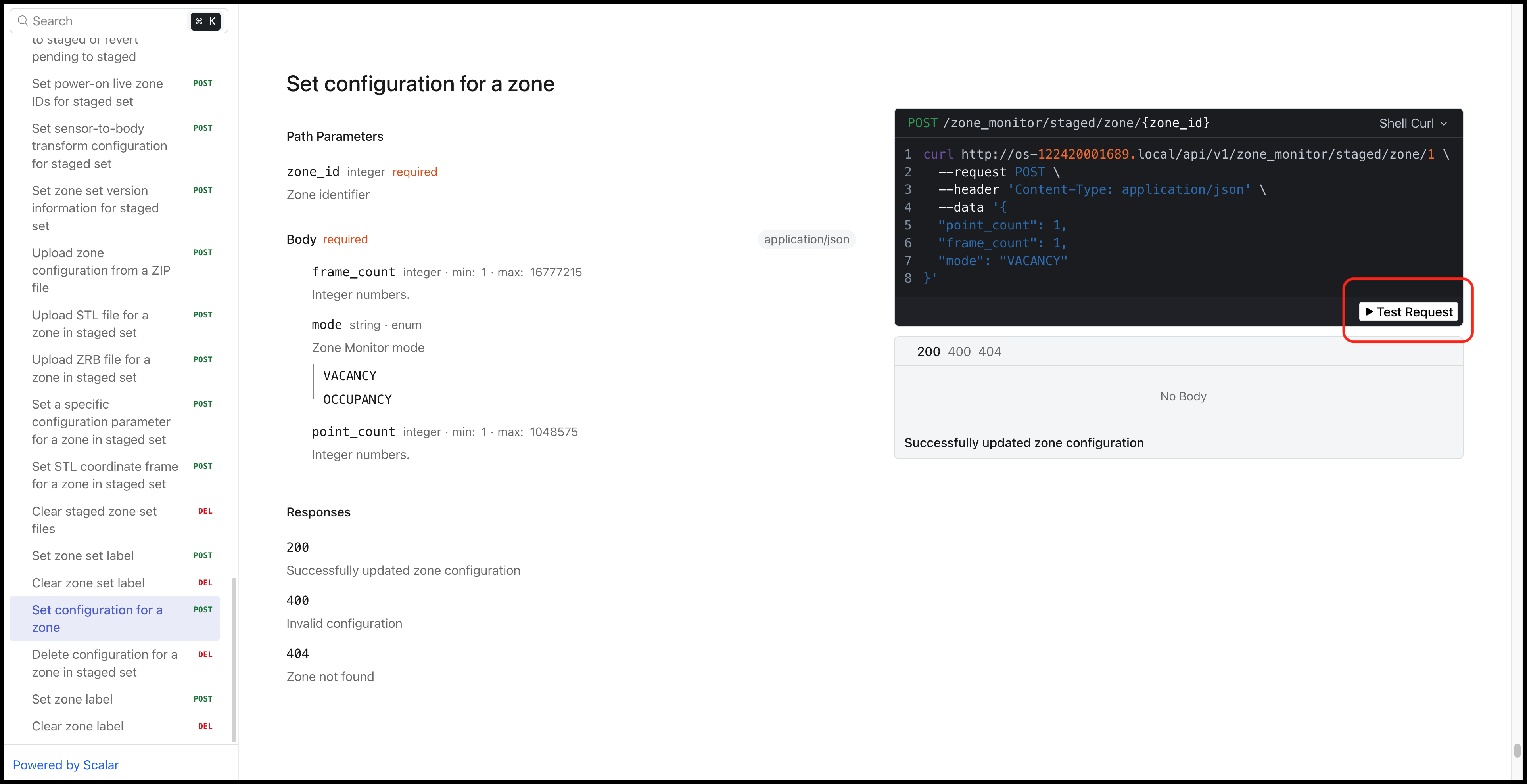 Testing the set zone configuration API request