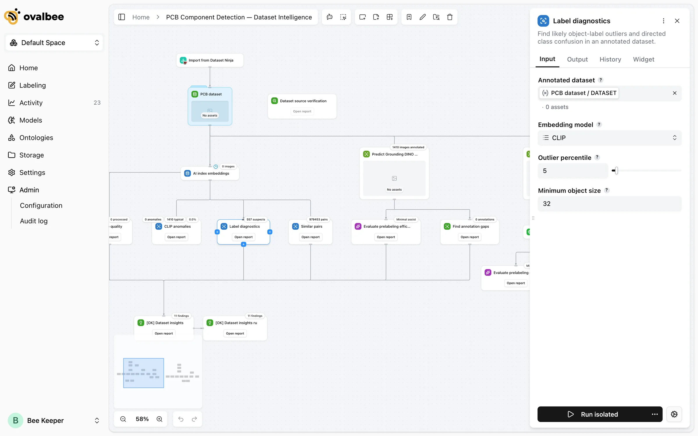 The flow editor with the toolbar at the top, nodes with badges and report buttons on the canvas, and the node sidebar on the right