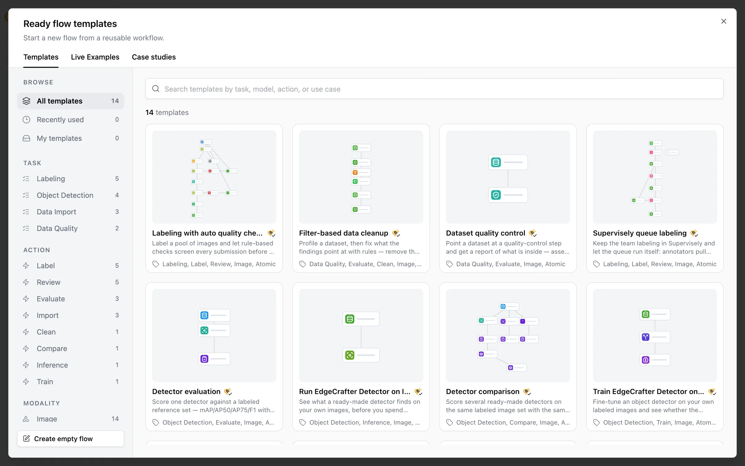 The template library dialog with template cards and filters by task and action
