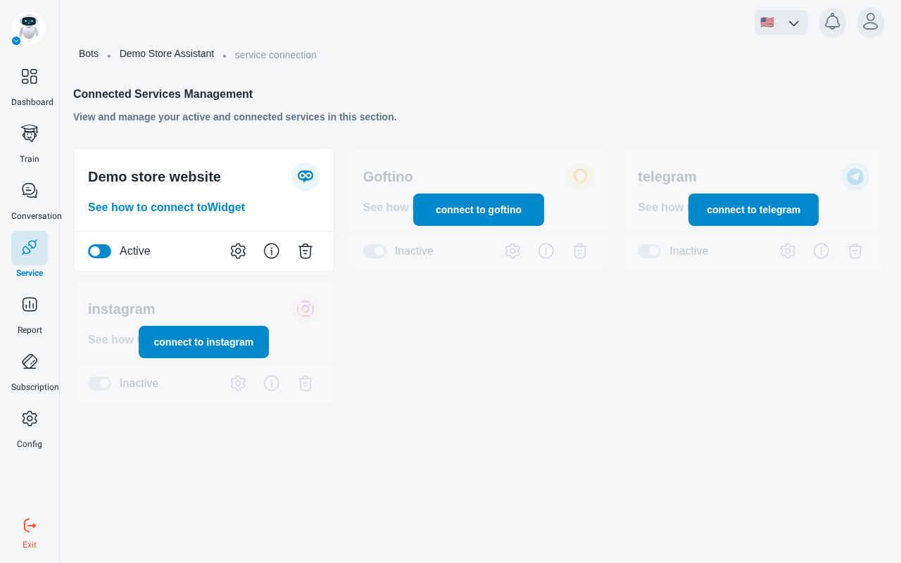 The Service page: the gear icon opens a service’s settings