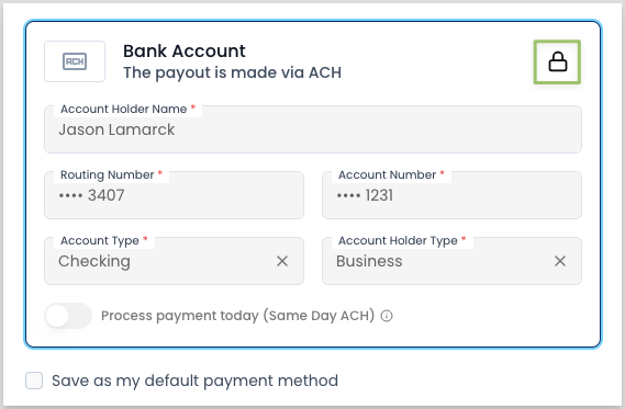 Payment link hosted page with the locked default ACH method and lock icon highlighted