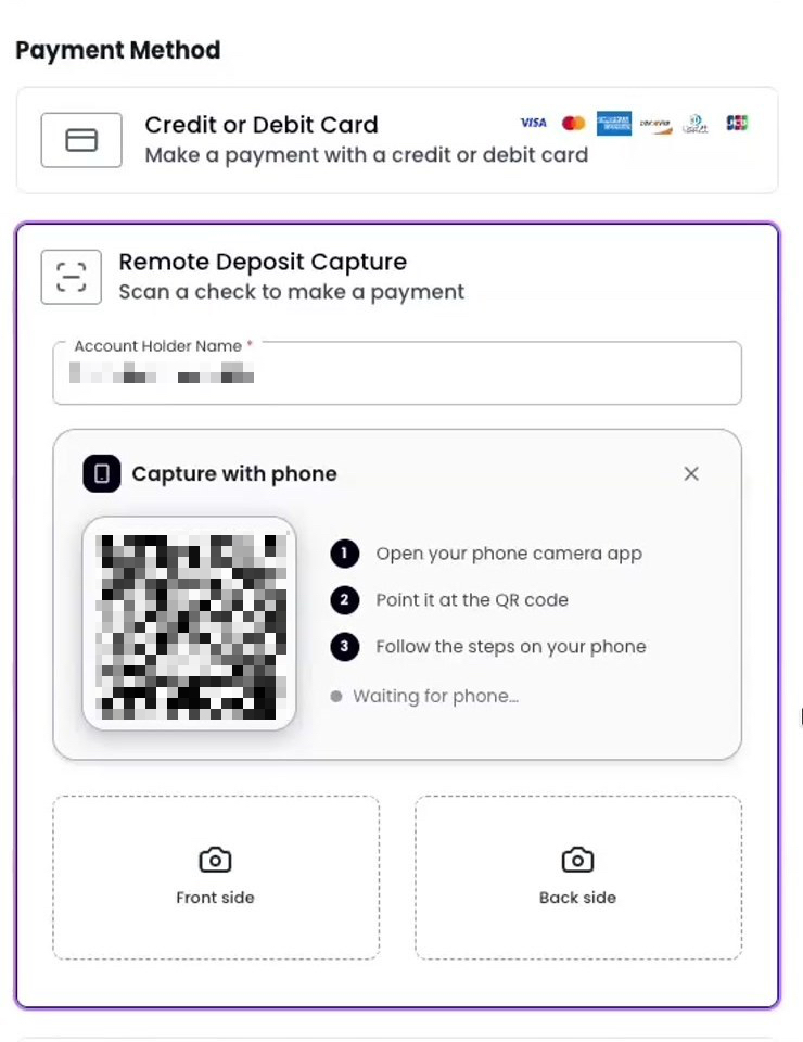 The Capture with phone panel showing a QR code, three numbered steps, and a Waiting for phone status.