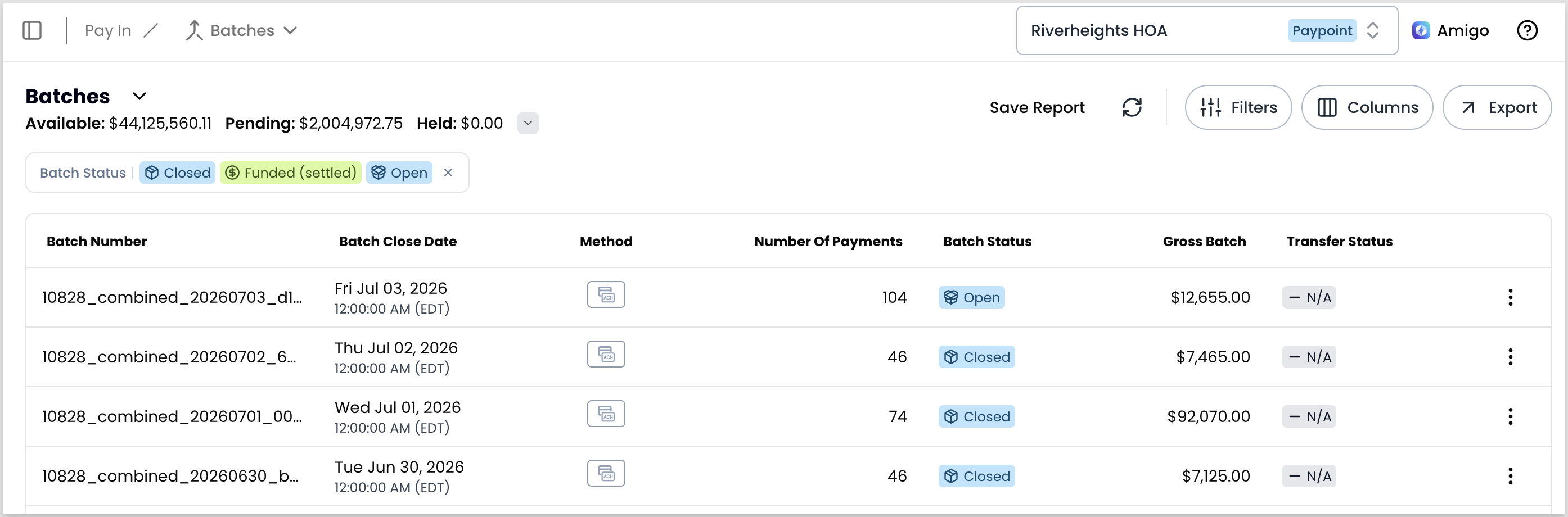 The Batches report showing available, pending, and held totals, a Batch Status filter set to Closed, Funded (settled), and Open, and a table of batch records with columns for batch number, close date, method, number of payments, batch status, gross batch, and transfer status