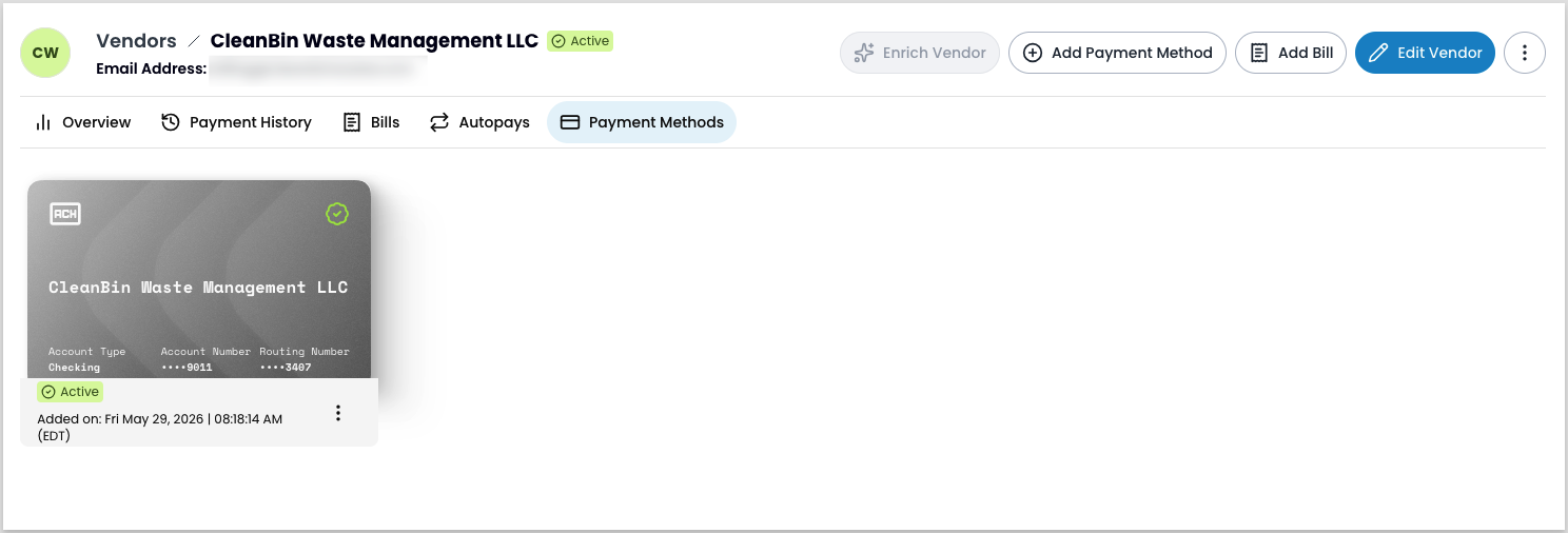 Payment Methods tab showing a vendor's stored payment methods with masked account details and a default indicator