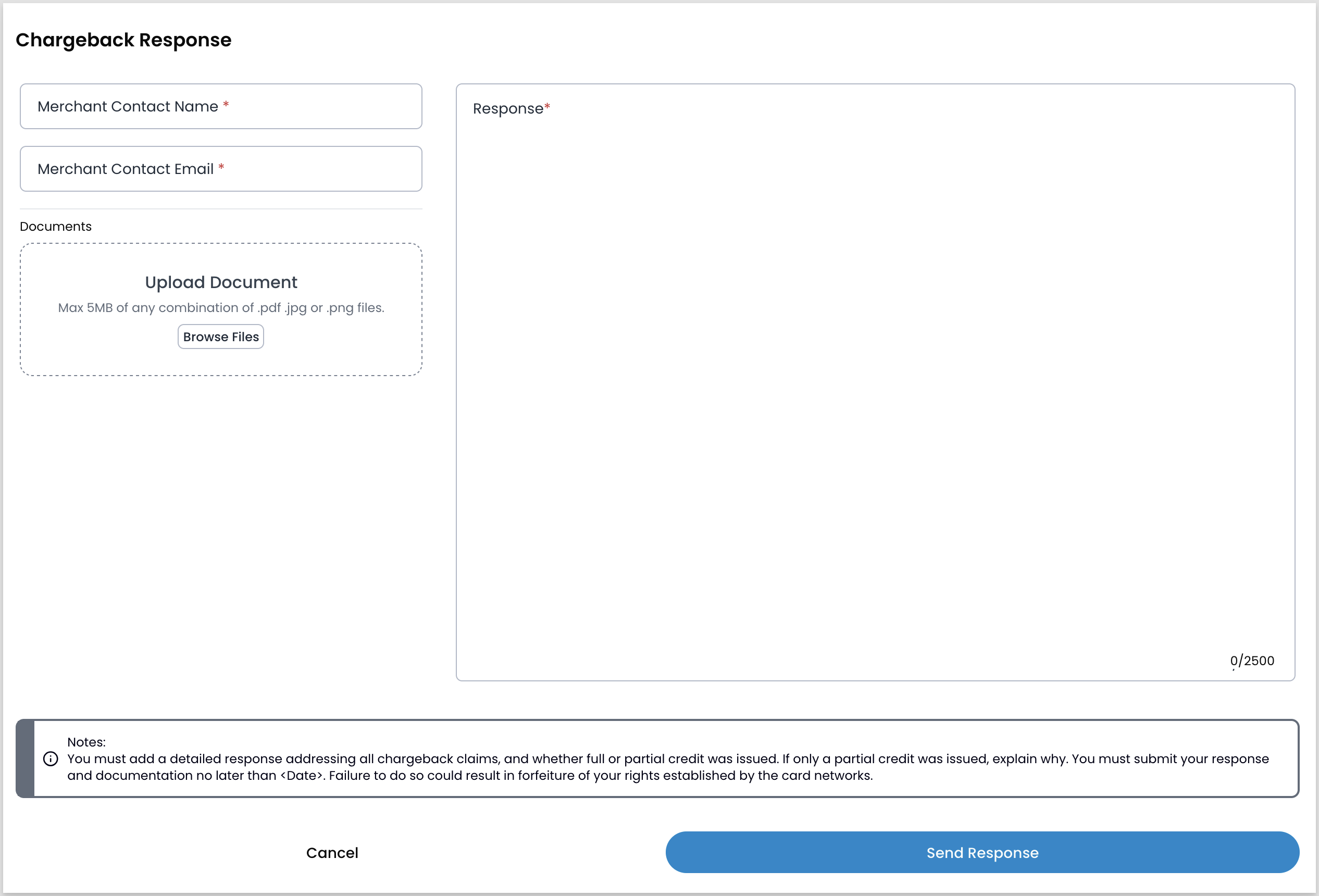 The Chargeback Response modal showing a file upload area and a text field for the response