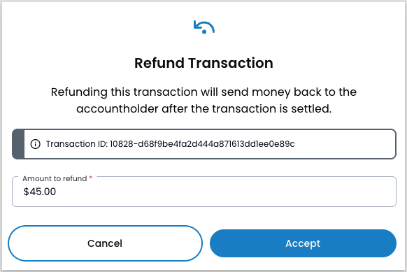 Refund modal showing the transaction ID and an amount field