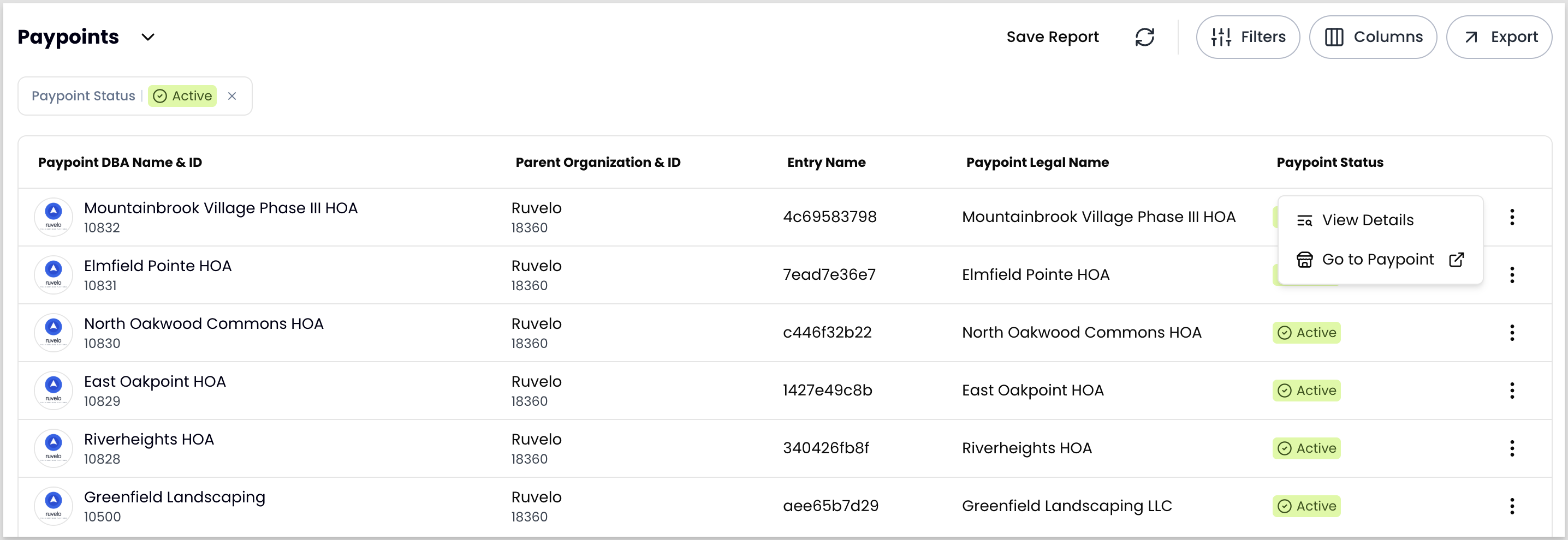 The Paypoints report listing merchant paypoints with their parent organization, entry name, legal name, and status, with one row's three-dot menu open showing View Details and Go to Paypoint
